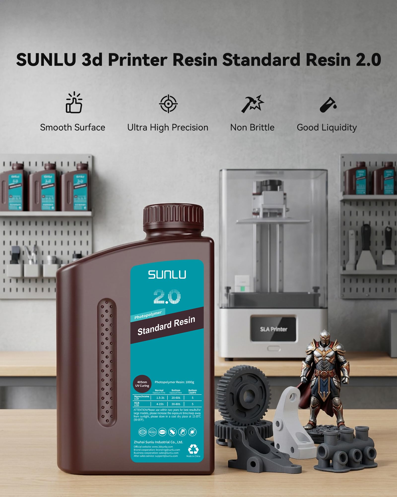 SUNLU 4KG Résine Imprimante 3D Standard 2.0 Gris Foncé, Ténacité supérieure