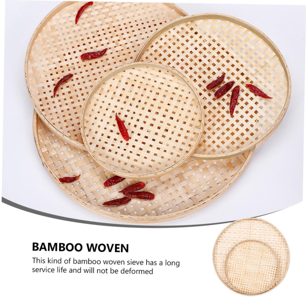 Setaccio Rotondo in Bambù Intrecciato 2 Pezzi, Beige