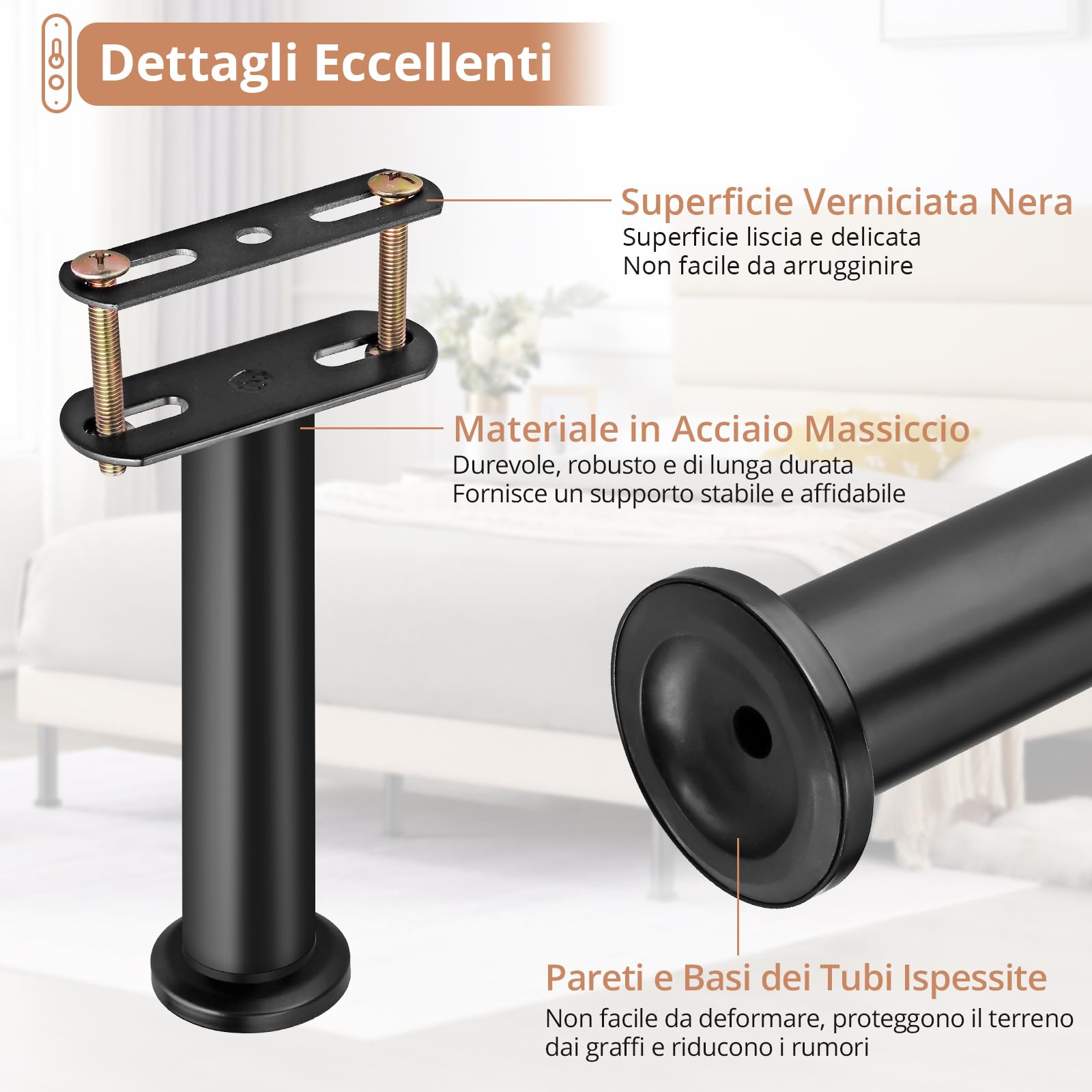 Kamtop 4 pz Piedi per Letto Piedini Regolabili da 18-32cm Gambe per Mobili in Acciaio Capacità di carico 500 lb Protezione e Stabilità per Mobili Gambe per Letto Tavolo Divani Nero