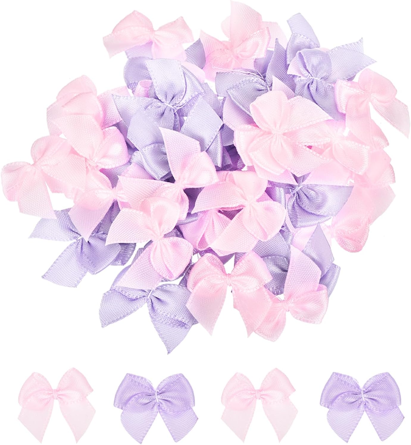 MECCANIXITY 50Pcs Mini Ribbon Bow 1" Mini Fabric Satin Ribbon Flower Bows for Craft DIY Sewing Wedding Birthday Party Pink & Purple