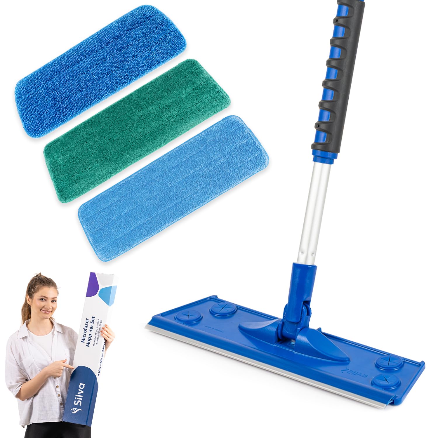 [Test SEHR GUT, Note 1.0*] Silva Ergonomischer Bodenwischer mit Teleskopstiel 90–156 cm | Mikrofaser Wischmopp Set mit 3 Bezügen (nass, trocken, Wand) | 360° Drehgelenk, für Fliesen, Parkett & Fenster