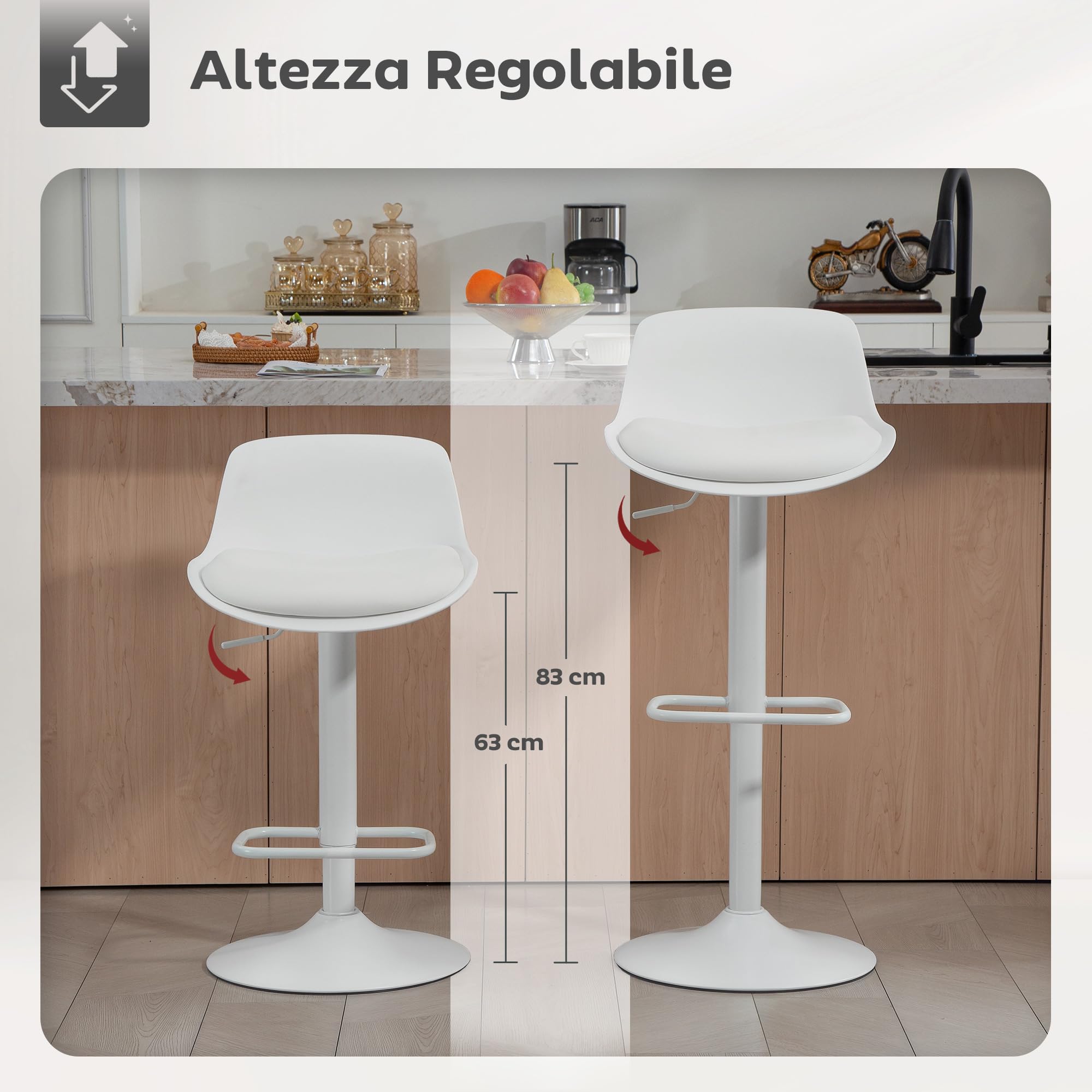 HOMCOM Set 2 Sgabelli Bar con Altezza Regolabile, Sgabelli Alti Cucina in Finta Pelle con Schienale e Poggiapiedi e Ampia Base in Acciaio, Sedie Bar Alte Girevoli a 360°, Bianco
