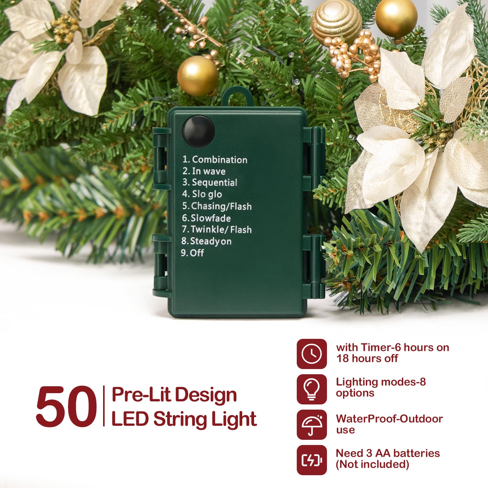 ENVEN Guirnalda de Navidad de 9 pies preiluminada con 50 luces LED, decoración artificial para escaleras, manto, puerta, guirnalda interior y exterior con temporizador que funciona con pilas (flor de