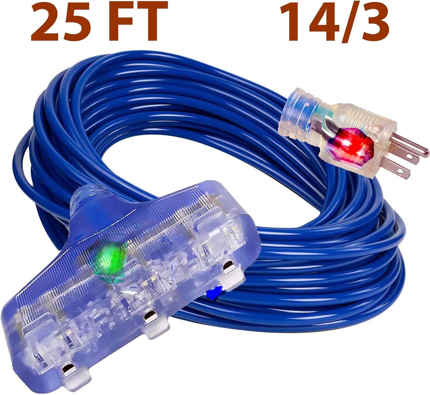 14 Gauge 25 ft Extension Cord Outdoor/Indoor 15AMP 125V, 1875 WATTS Extension Cord 25 ft 14/3 Triple Outlet Power Extension Cord 14 Gauge Lighted 3 Outlet Heavy Duty