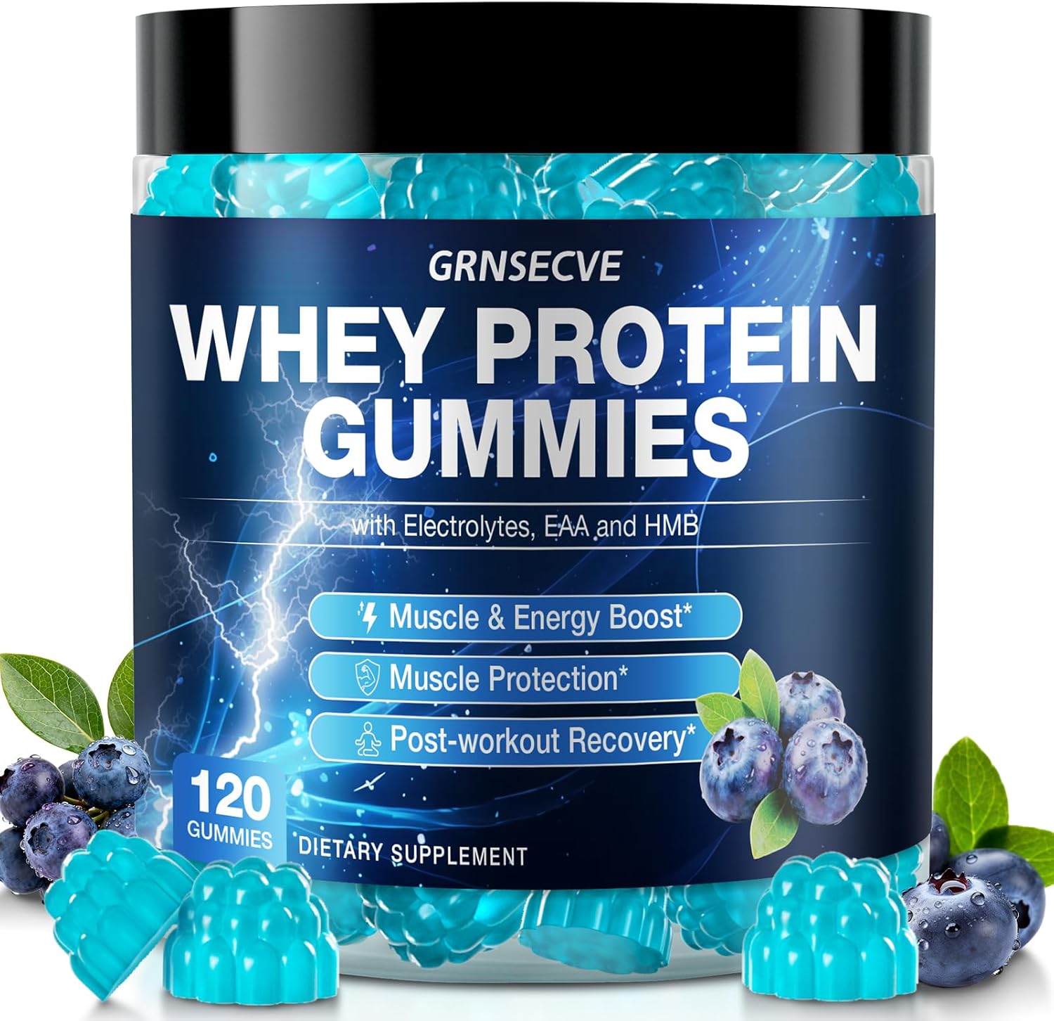 Whey Protein Gummies - High Protein Supplements 10g Per Serving for Muscle & Energy Support, Bone Health - Protein Gummy Rich in Electrolytes, EAA & HMB, Sugar Free, Blueberry Flavor, 120 Count