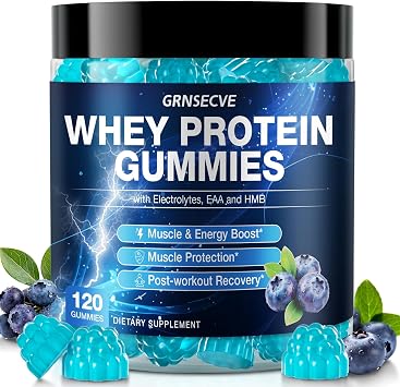 Whey Protein Gummies - High Protein Supplements 10g Per Serving for Muscle & Energy Support, Bone Health - Protein Gummy Rich in Electrolytes, EAA & HMB, Sugar Free, Blueberry Flavor, 120 Count