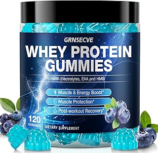 Whey Protein Gummies - High Protein Supplements 10g Per Serving for Muscle & Energy Support, Bone Health - Protein Gummy Rich in Electrolytes, EAA & HMB, Sugar Free, Blueberry Flavor, 120 Count