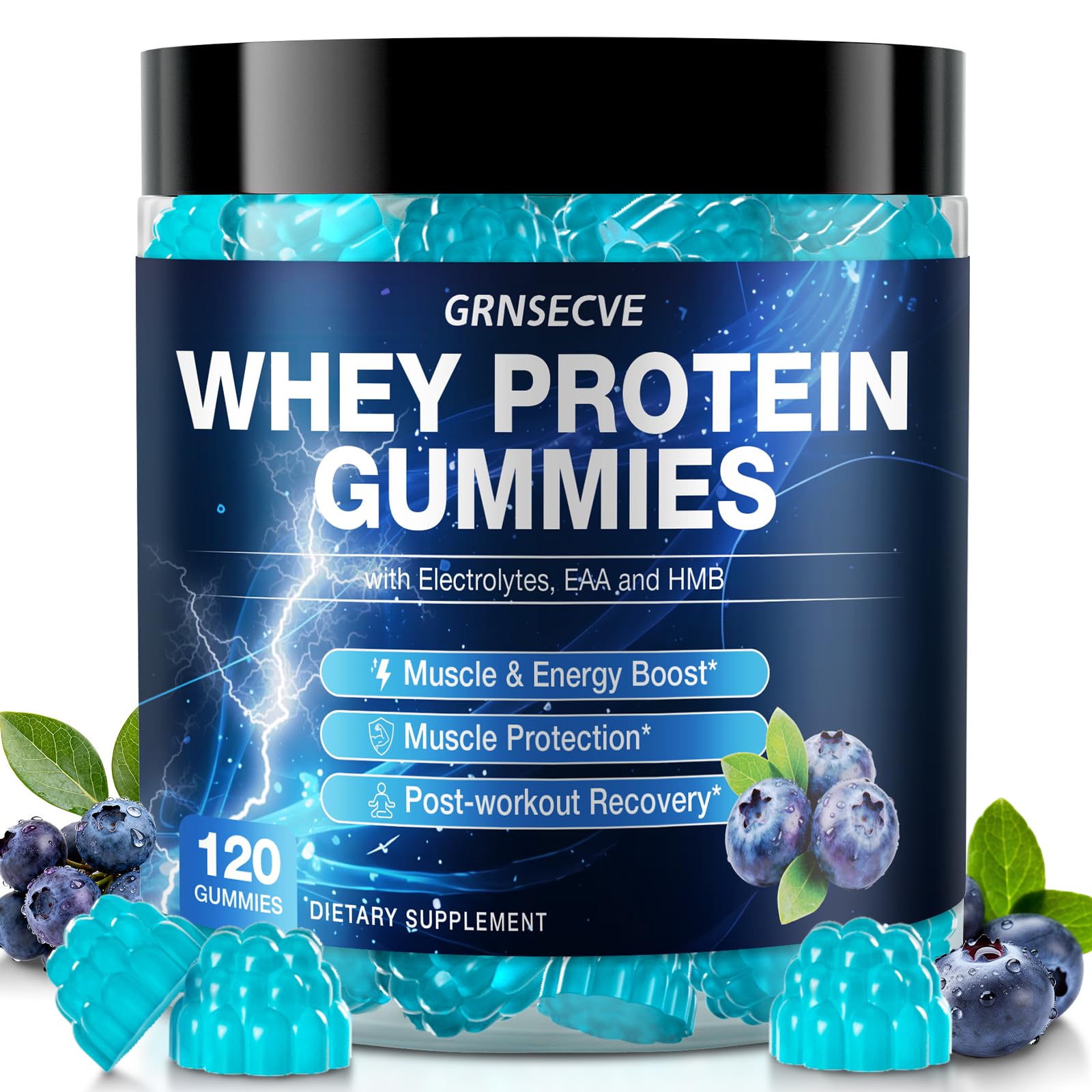 GRNSECVE Gomas de proteína de soro de leite 10 g por porção com HMB de cálcio 200 mg, 120 gomas