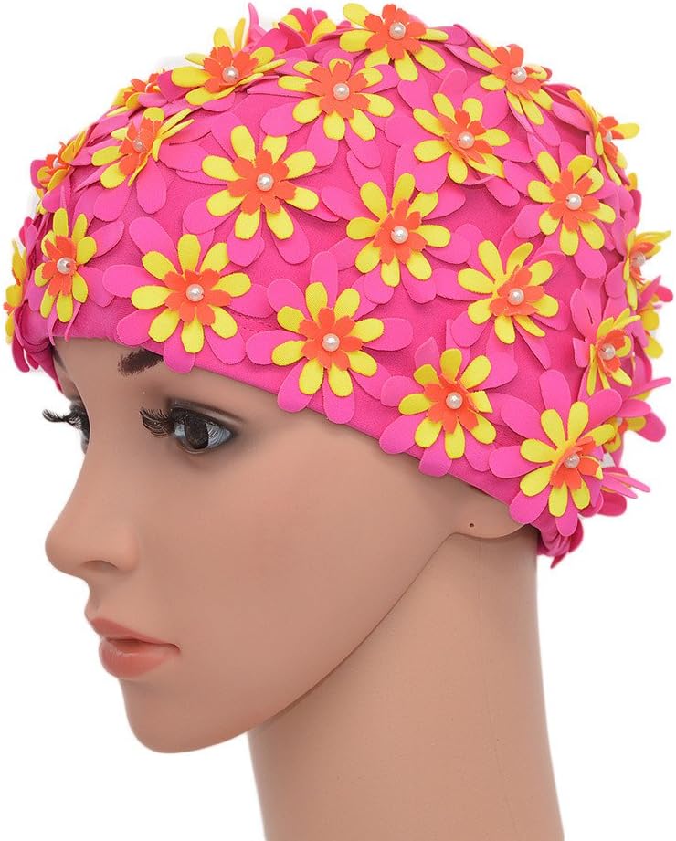 Medifier Swim cap Floral Petal Retro Style Bathing Caps for Women Rose Pink, flower butterfly lily:pink - Image 3