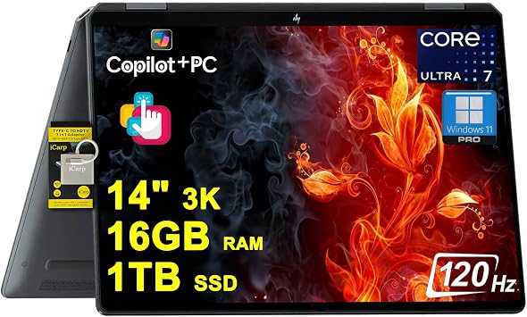 HP OmniBook Ultra Flip 2-in-1 Laptop 14 3k OLED Touch Intel 8-core Ultra 7 Series 2 256V (Up to 47 Tops) 16GB RAM 1TB SSD for Creator Designer Business Professional Win11Pro ICP Hub