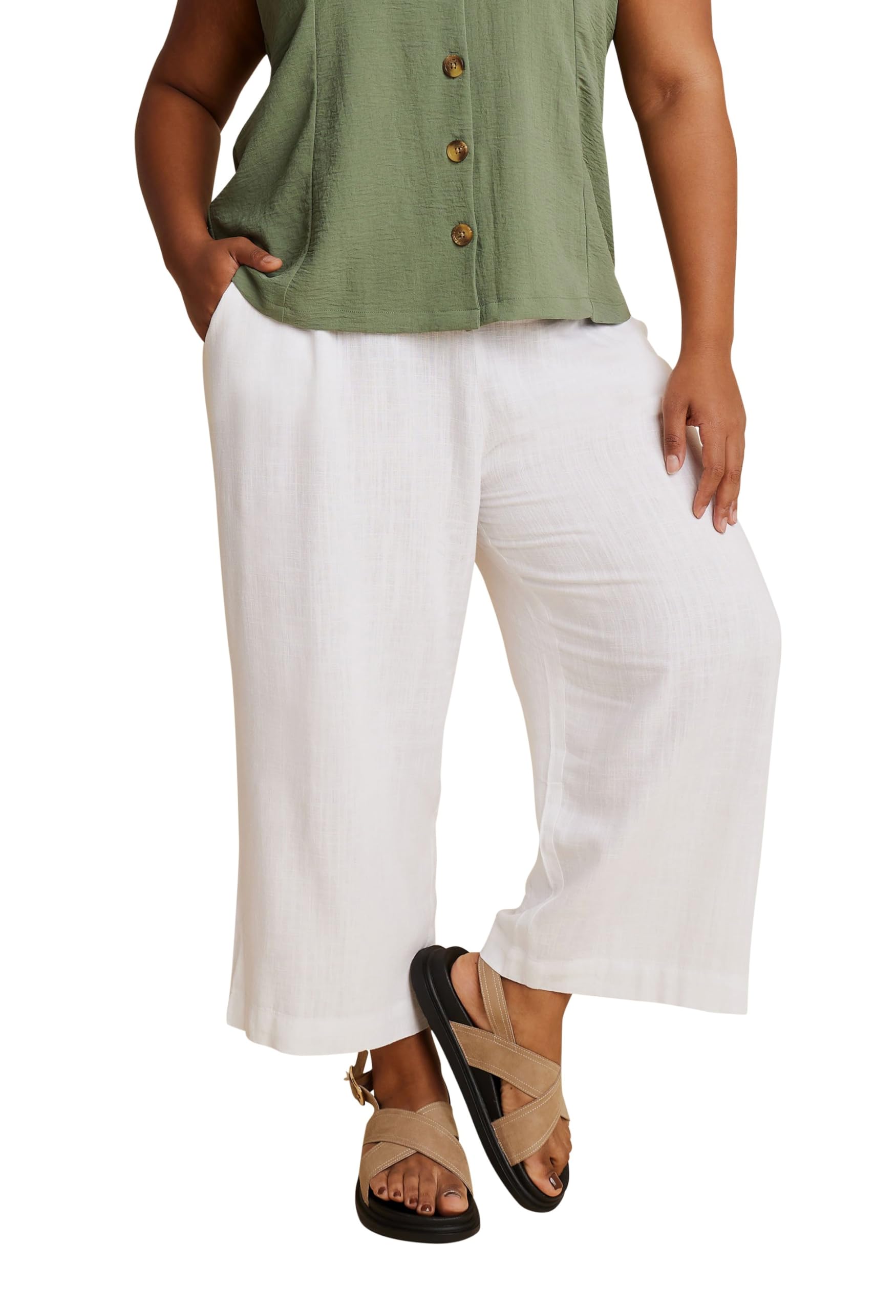 Yours Women's White Curve Linen Cropped Wide Leg Trousers - Plus Curve 26-28 Plus