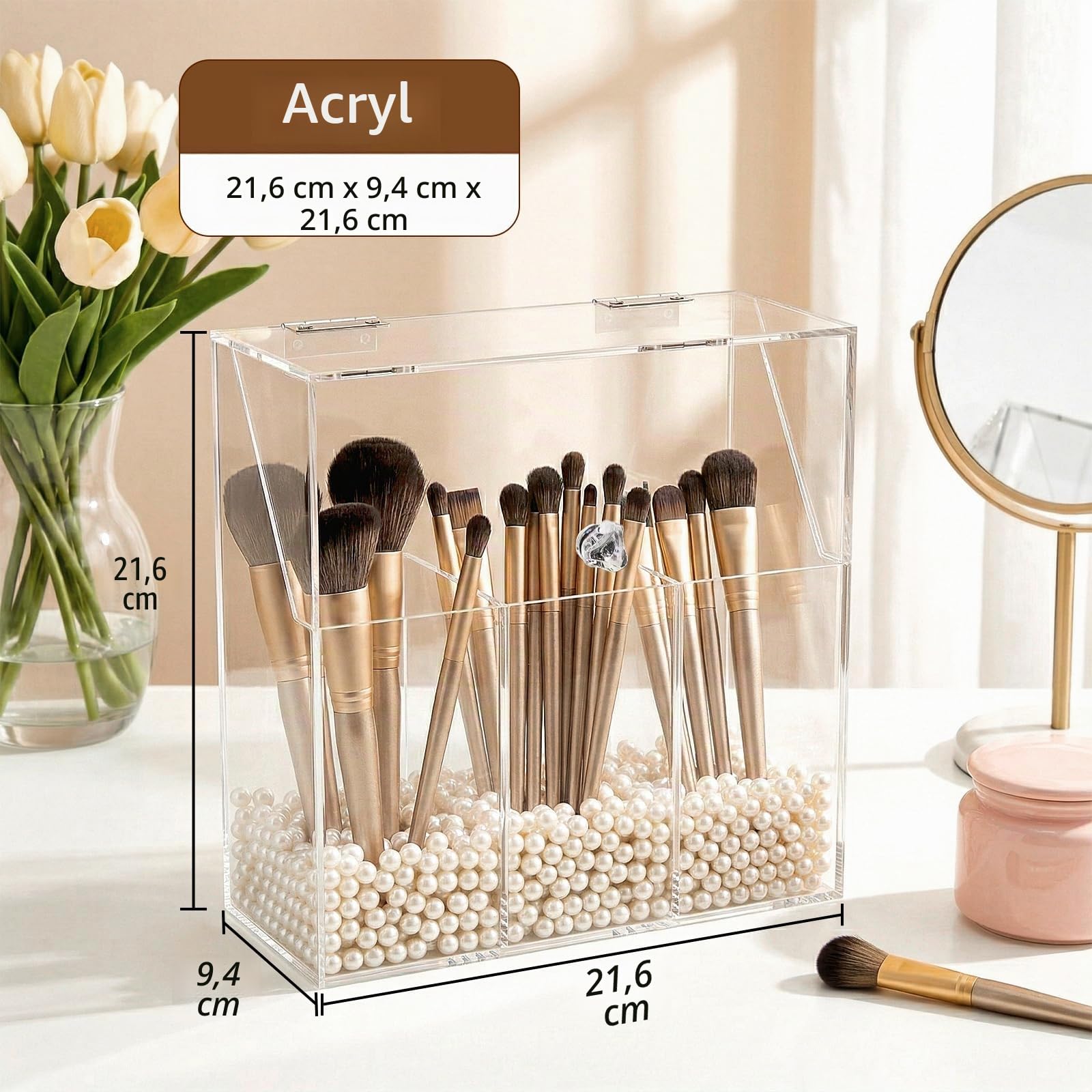 Okllen Make-up-Pinselhalter mit Staubdichtem Deckel, Weiße Perlen, Transparenter Acryl-Make-up-Pinsel-Organizer mit 3 Fächern, Kosmetikpinsel-Aufbewahrungsbox für Waschtisch, Badezimmer, Schlafzimmer