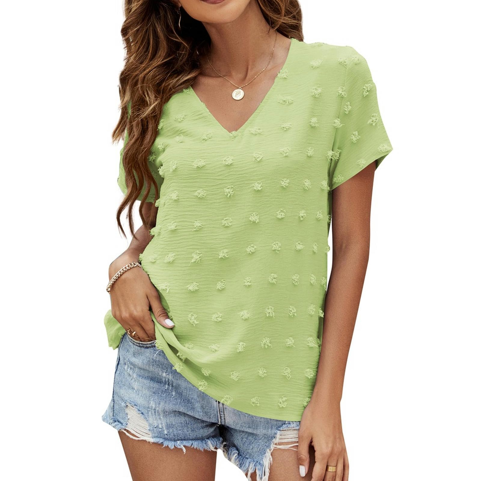 Camicia a Maniche Corte in Chiffon con Scollo a V da Donna, Nuova Estate, Top a Maniche Corte - Azzurro - L