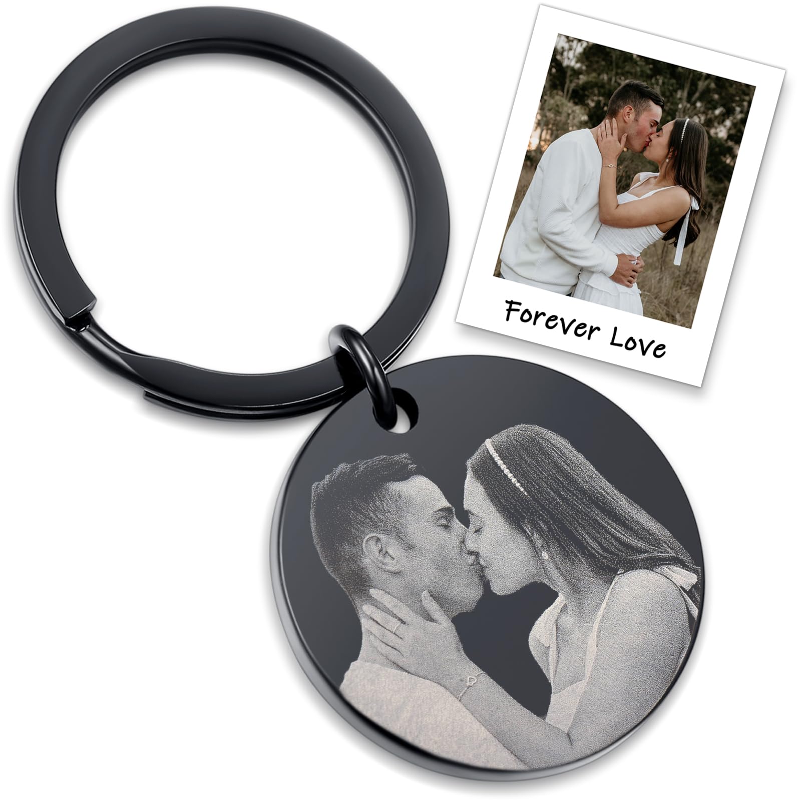 TMT Runder Schlüsselanhänger Personalisiert mit Foto | Ideales Geschenk für Freund, Partner oder Männer | Einzigartige Personalisierte Geschenke mit Gravur aus Edelstahl in Schwarz