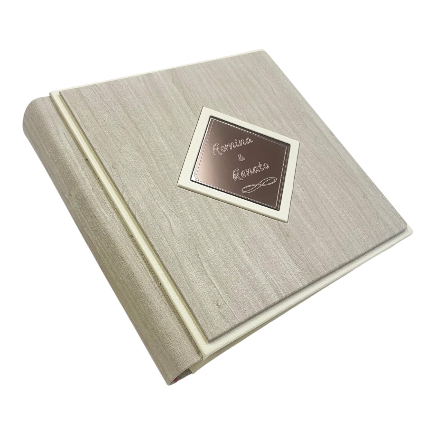 Album Fotografico Artigianale -Zenith Onda- in ecopelle effetto legno con profili a contrasto, Rombo centrale a specchio Personalizzabile, Matrimonio,Anniversario,Comunione,Eventi (Ghiaccio)
