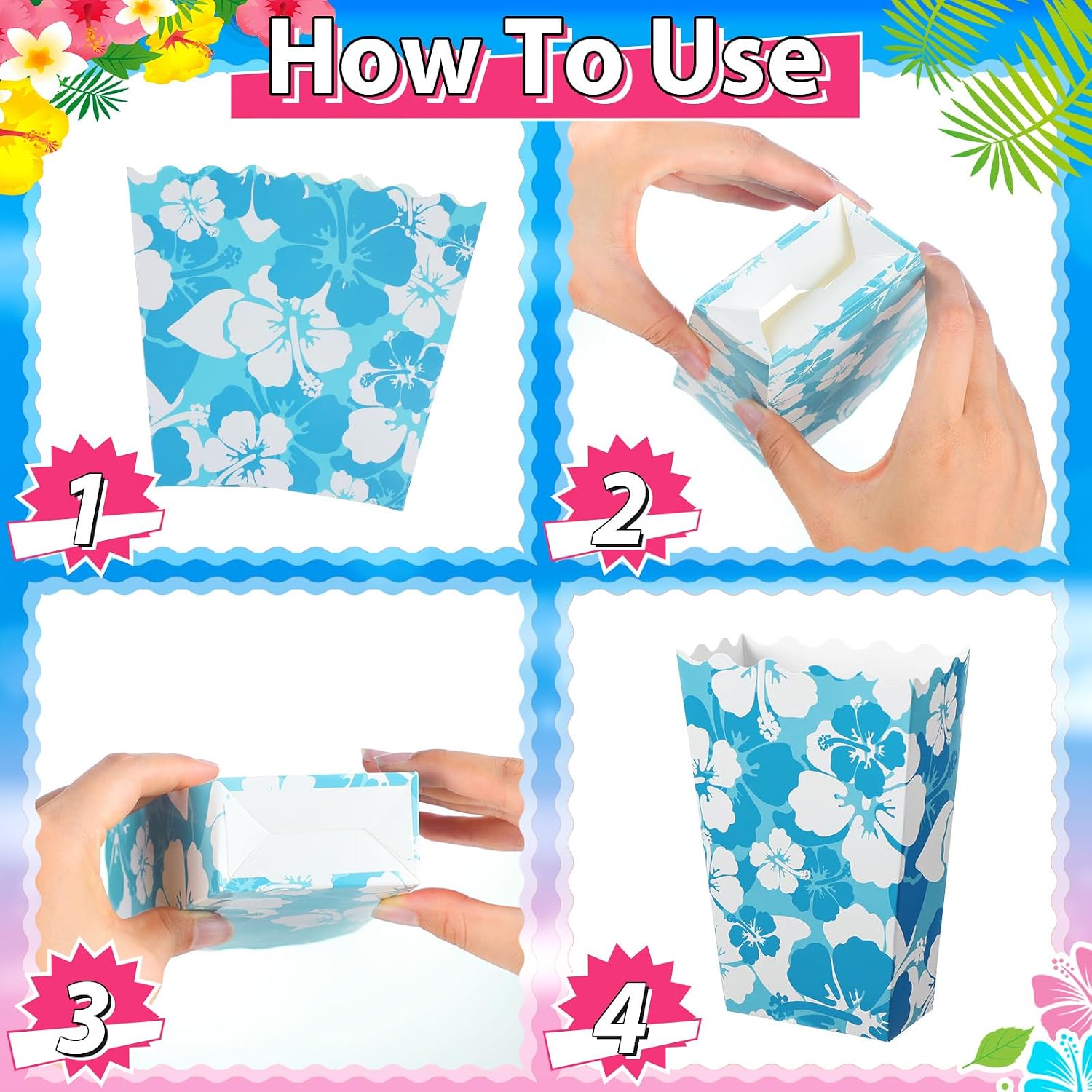 Nitial 48 Pcs Hibiscus Party Mini Popcorn Boxes Hawaii Party Favors Snack Treat Box Candy Cookie Container for Hibiscus Party, Hawaiian Tropical Theme Party Supplies