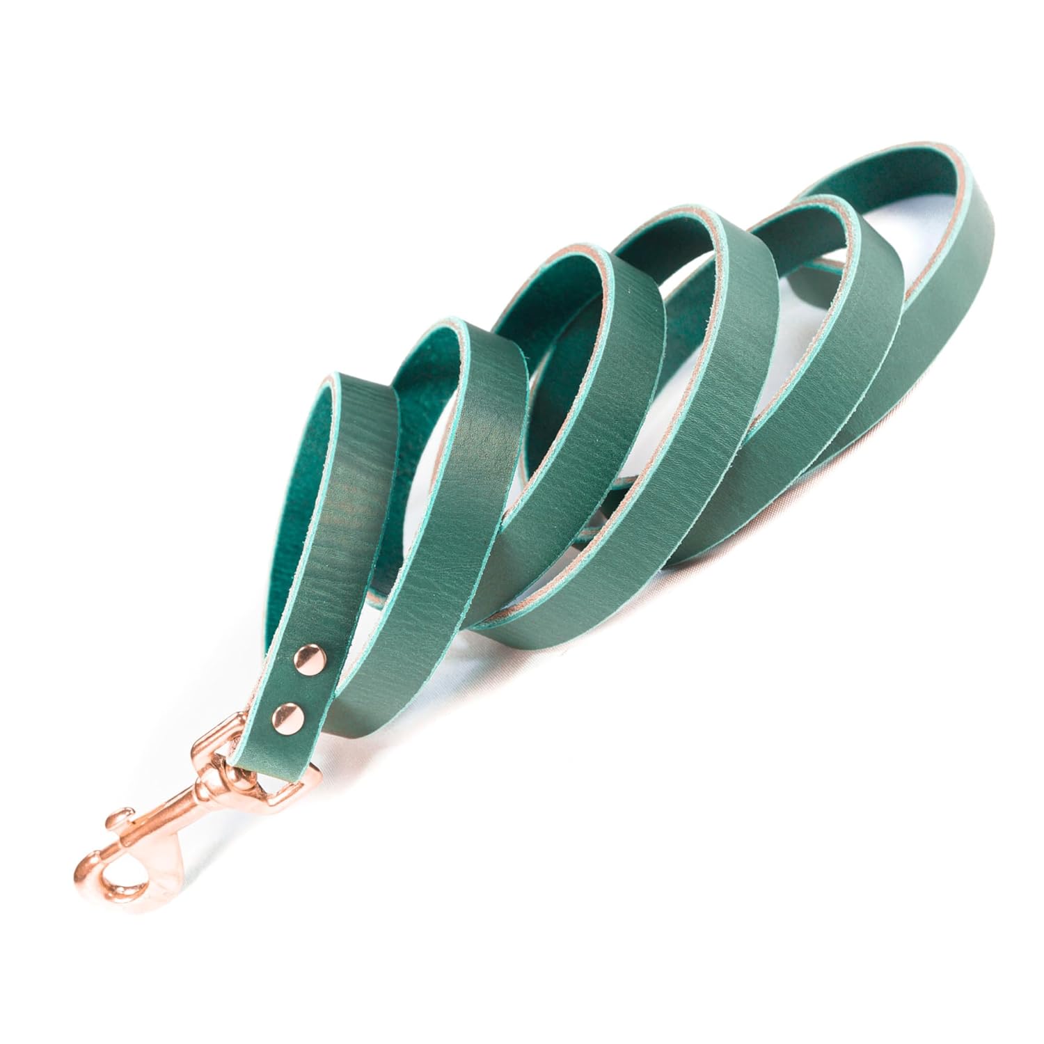 Handmade Bridle Leather Dog Leash, Copper/Rose Gold Tone Hardware (Teal Green)