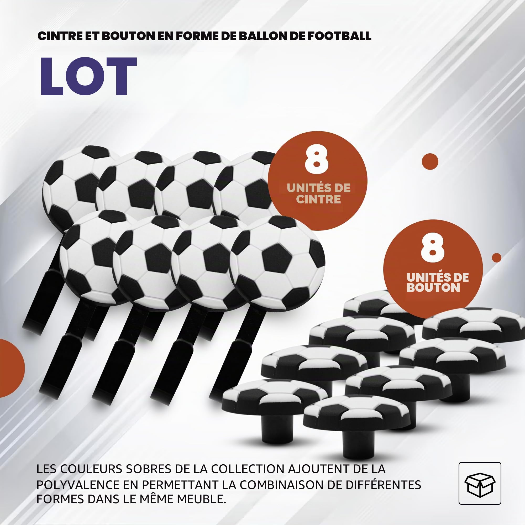 DOJA Barcelona | Porte Manteau et Bouton de Tiroir Enfant | 8 Crochets et 8 Boutons Forme Football | Caoutchouc et Zinc-Aluminium | pour Decoration Chambre, Porte Manteau Mural