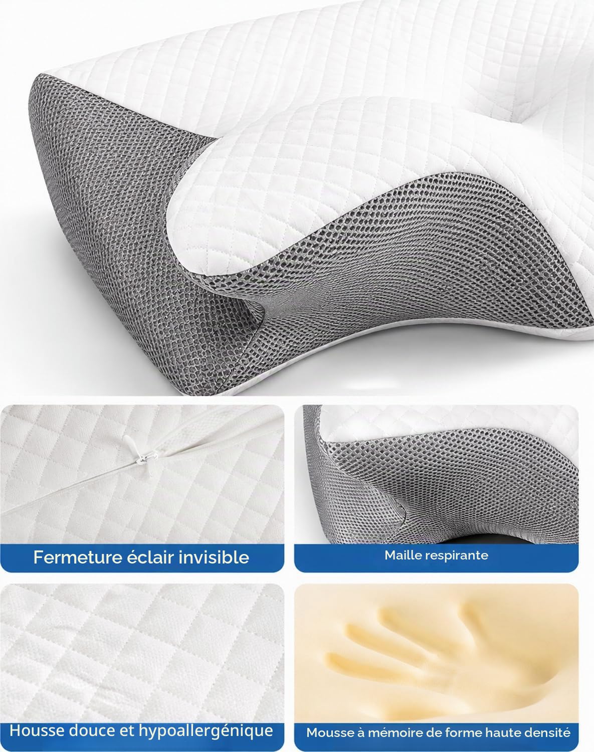 Cervi-Zen Oreiller Ergonomique Mousse Mémoire Conçu pour Soutien Cou Dorsal et Latéral，Grey