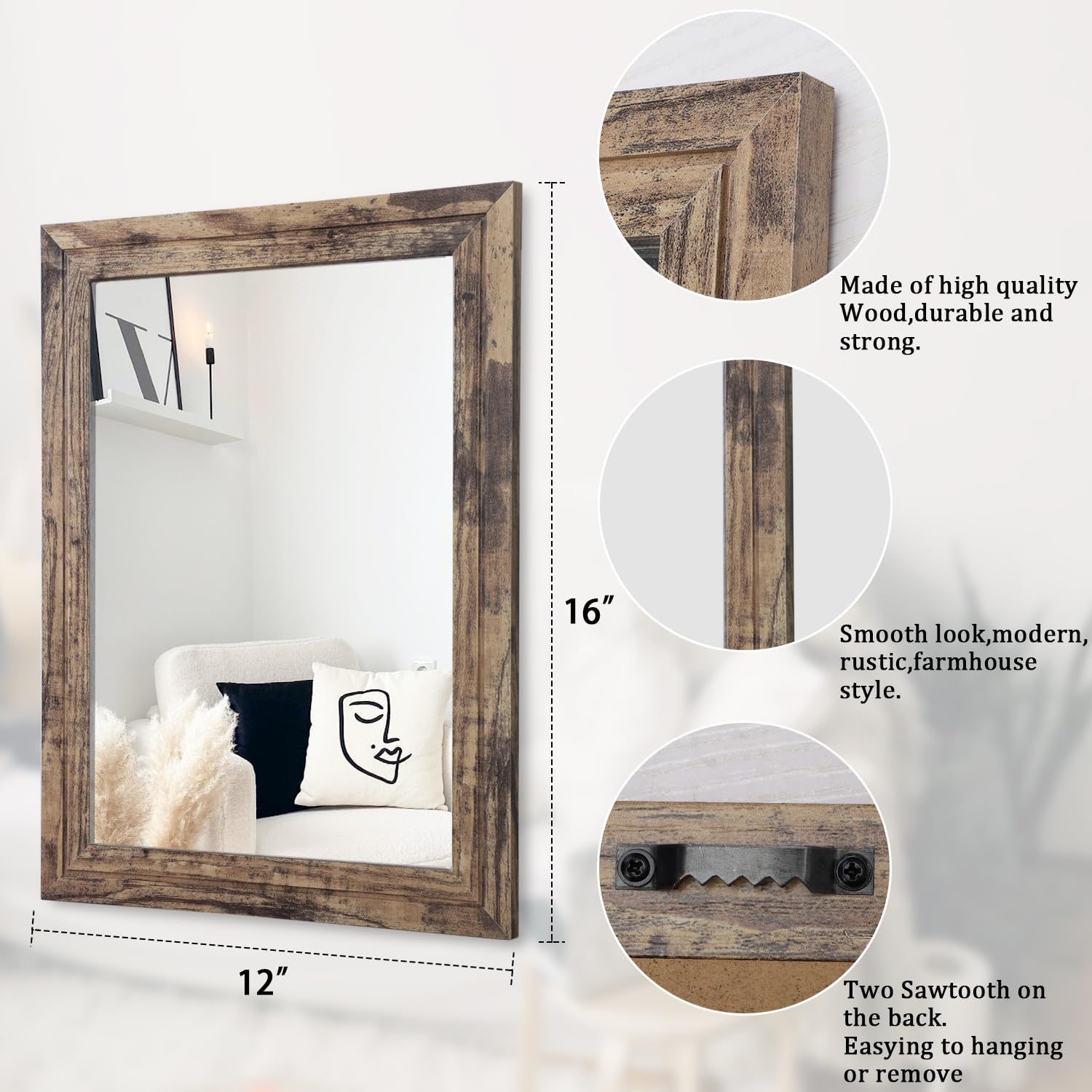 AAZZKANG - Espejo Rústico Para Pared Con Marco Rectangular De Madera
