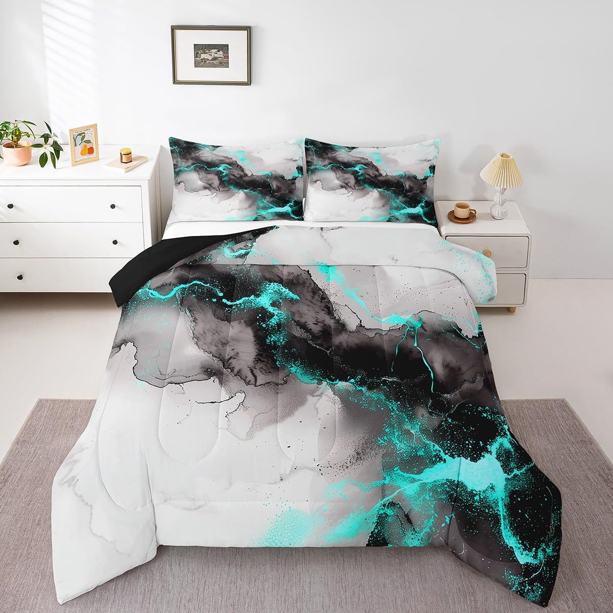 Erosebridal Black and Grey Teal Bedding Full Size Marble Aesthetic Comforter Set Full, Modern Marbling Duvet Insert Watercolor Foil Print Quilt Comforter, Stone Pattern Bedding Comforters & Sets