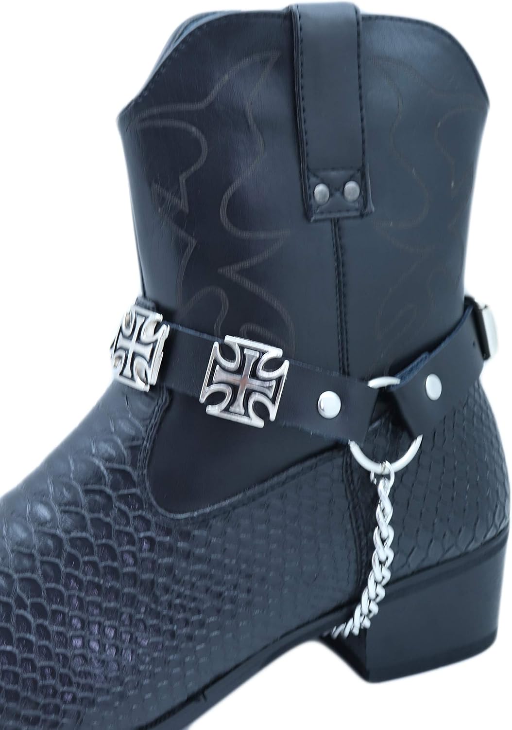 TrendyFashionJewelry Men's Biker Boot Bracelet Straps – Black Faux Leather with Silver Chain and Cross Charms – Pair