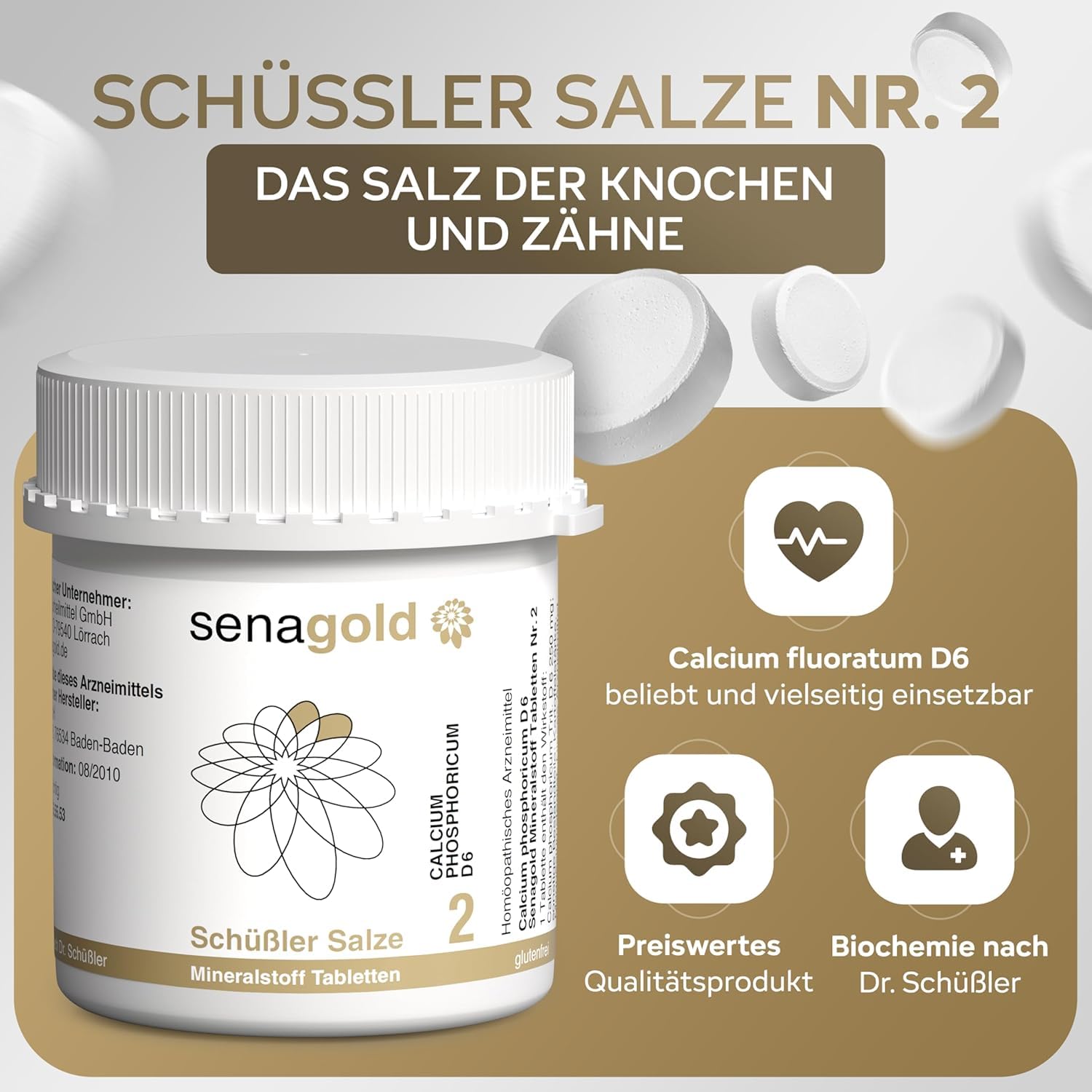 Senagold Schüssler Salze Nr. 2 – Calcium phosphoricum D6 – 1000 Tabletten – Das Salz der Knochen und Zähne - gluten- & alkoholfrei – hergestellt nach Homöopathischem Arzneibuch in Deutschland