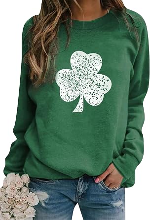 DIACACY Womens Shamrock Crew Neck Long Sleeve Shirt Casual Tunic Pullover Clover St Patricks Day Loose Comfy Sweatshirts