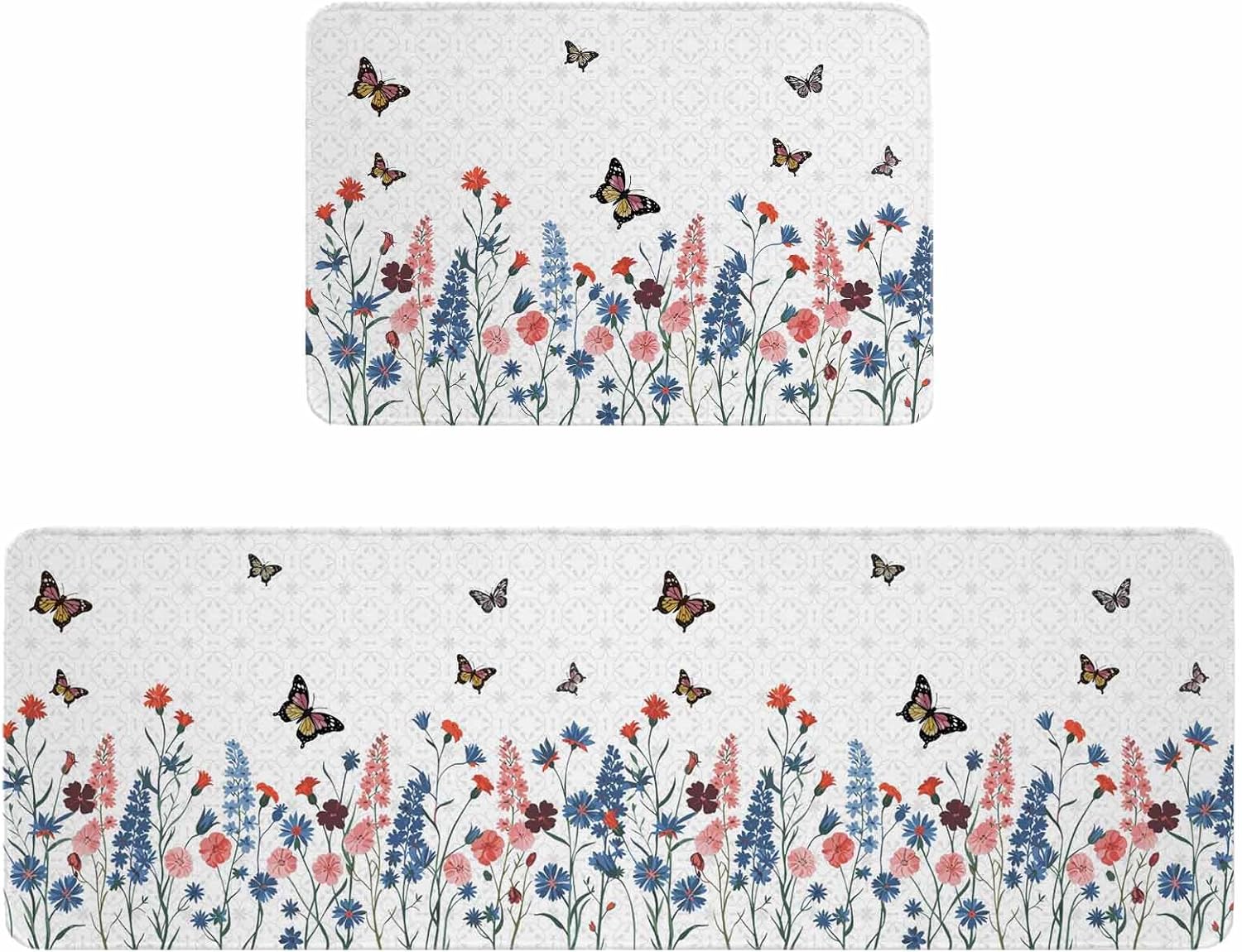Spring Floral Butterfly Kitchen Rugs and Mats Set of 2, Non-Slip Kitchen Sink Mat, Farmhouse Flowers Botanical Washable Doormat Bathroom Rugs Runner for Bedroom/Living Room 17.7"x30"+17.7"x59"