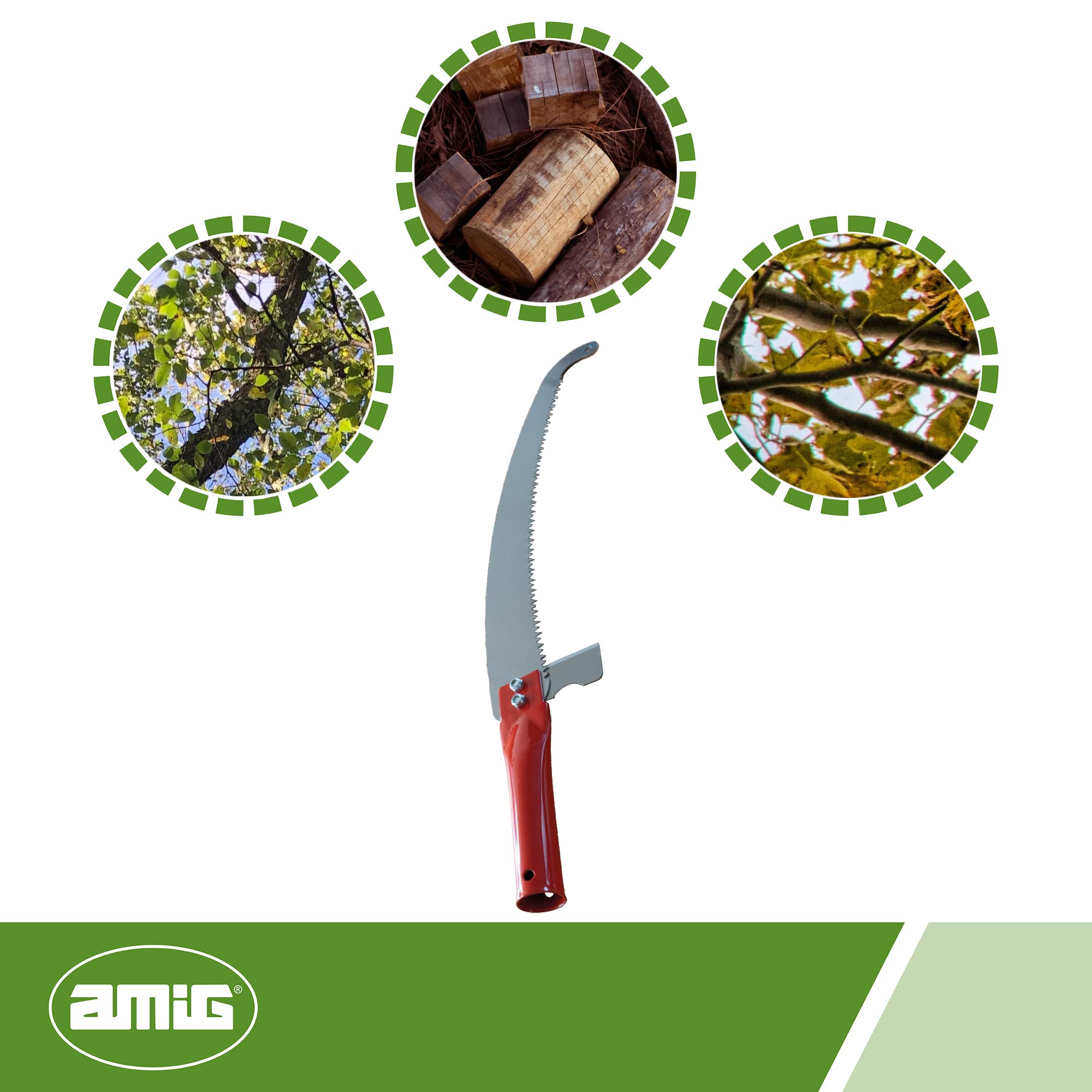 Amig - Serrucho de Poda en Altura - Hoja de Acero de 410 mm - Mango tubular de Acero con Agujero - Uso con Pértigas de Ø25 mm - Sierra de Mano para Cortar Ramas y Troncos Altos - No Incluye Pértiga