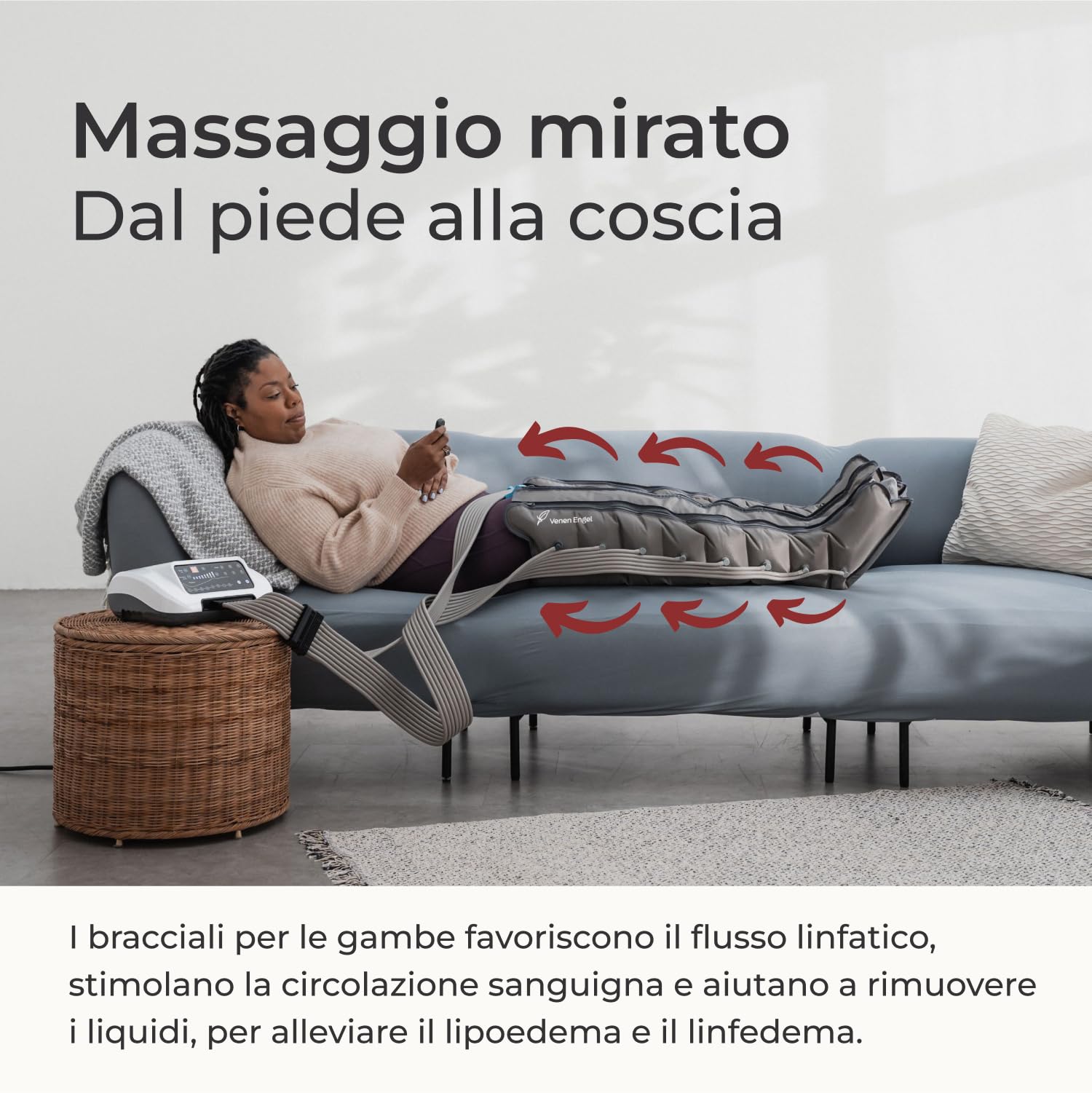 Vein Angel 8 Premium apparecchio per massaggi con gambali, 8 camere d'aria disattivabili, pressione & durata facilmente regolabili, 6 programmi di massaggio, no pressoterapia