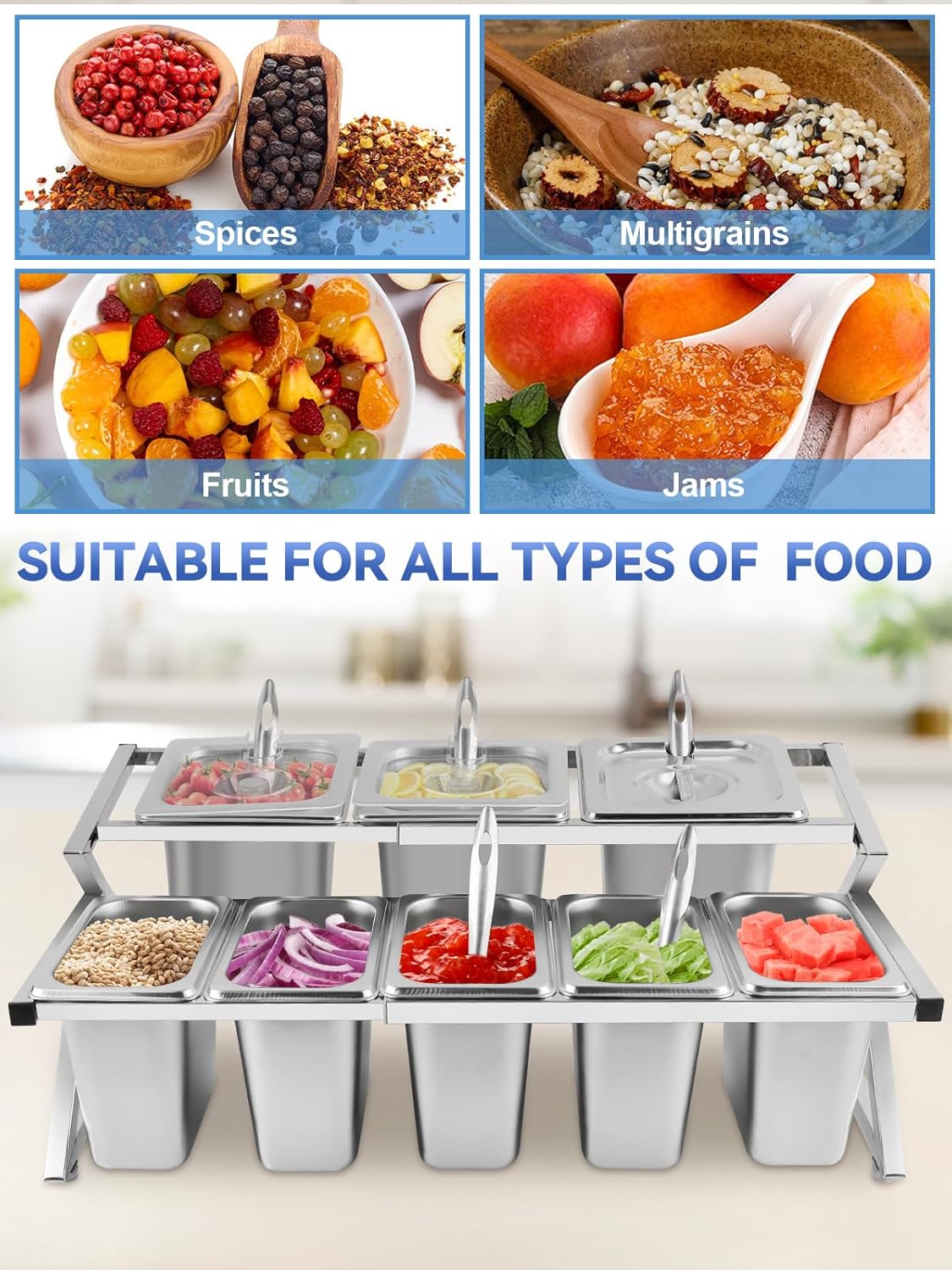 Lanstics 8 Pans Spice Rack Shelf 2 Row Stainless Steel Spice Organizer Stand with Lids Spoons Countertop Inclined Holder Buffet Containers Set for Sauce Jam Fruits Ingredient Kitchen Restaurant Pantry