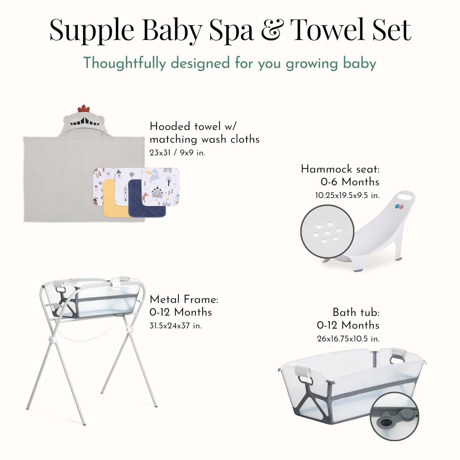 Evolur Supple Spa Kit with Towel, Includes Supple Baby Spa Set, Complementary Good Knight Hooded Towel & 5-Piece Washcloth Set in Grey, Spa Set Includes Bath Tub, Hammock Seat and Metal Frame