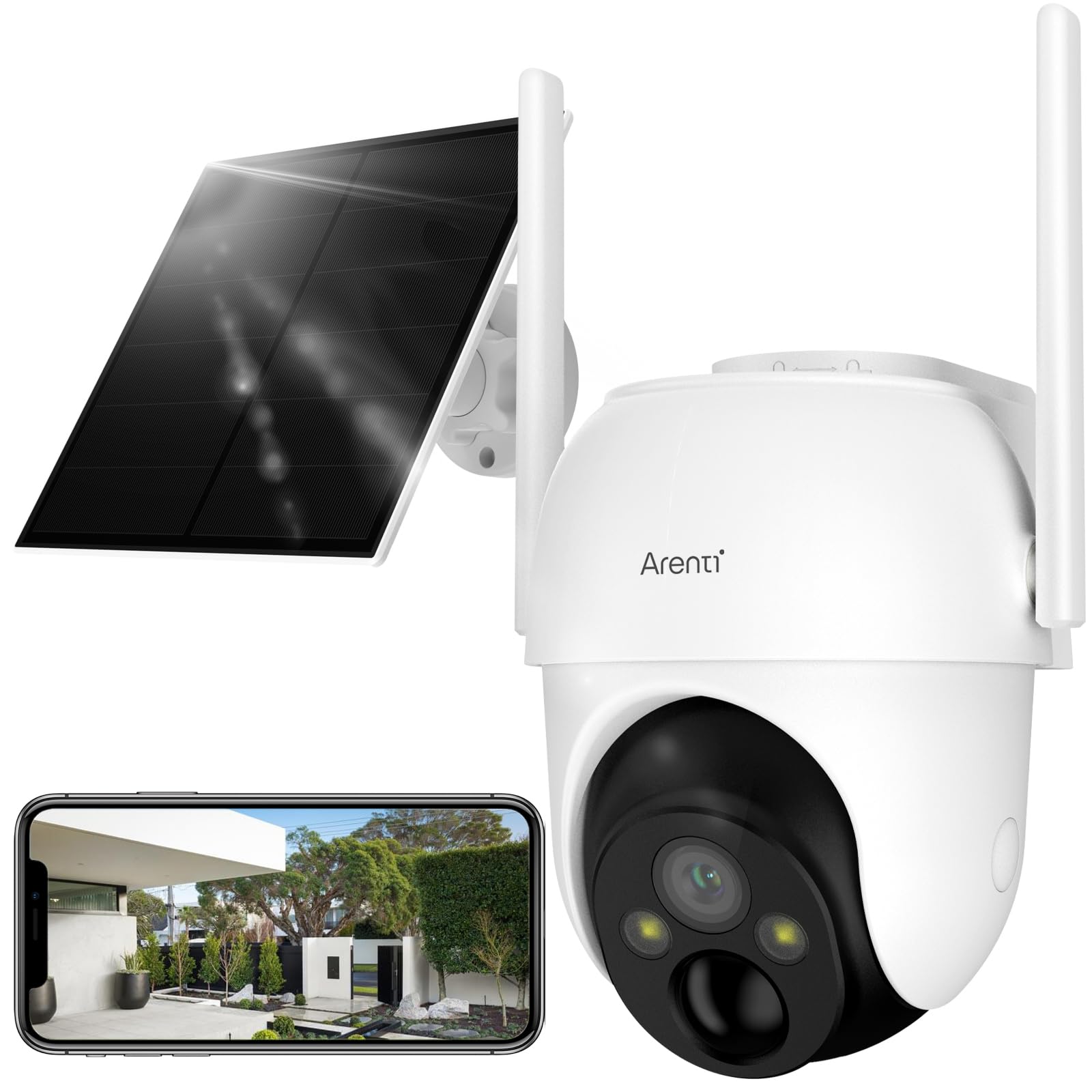 ARENTI Cámara Solar Exterior 2K/3MP, PIR, inalámbrica, Nube, IP65, vigilancia, Audio bidireccional, Alexa-Compatible
