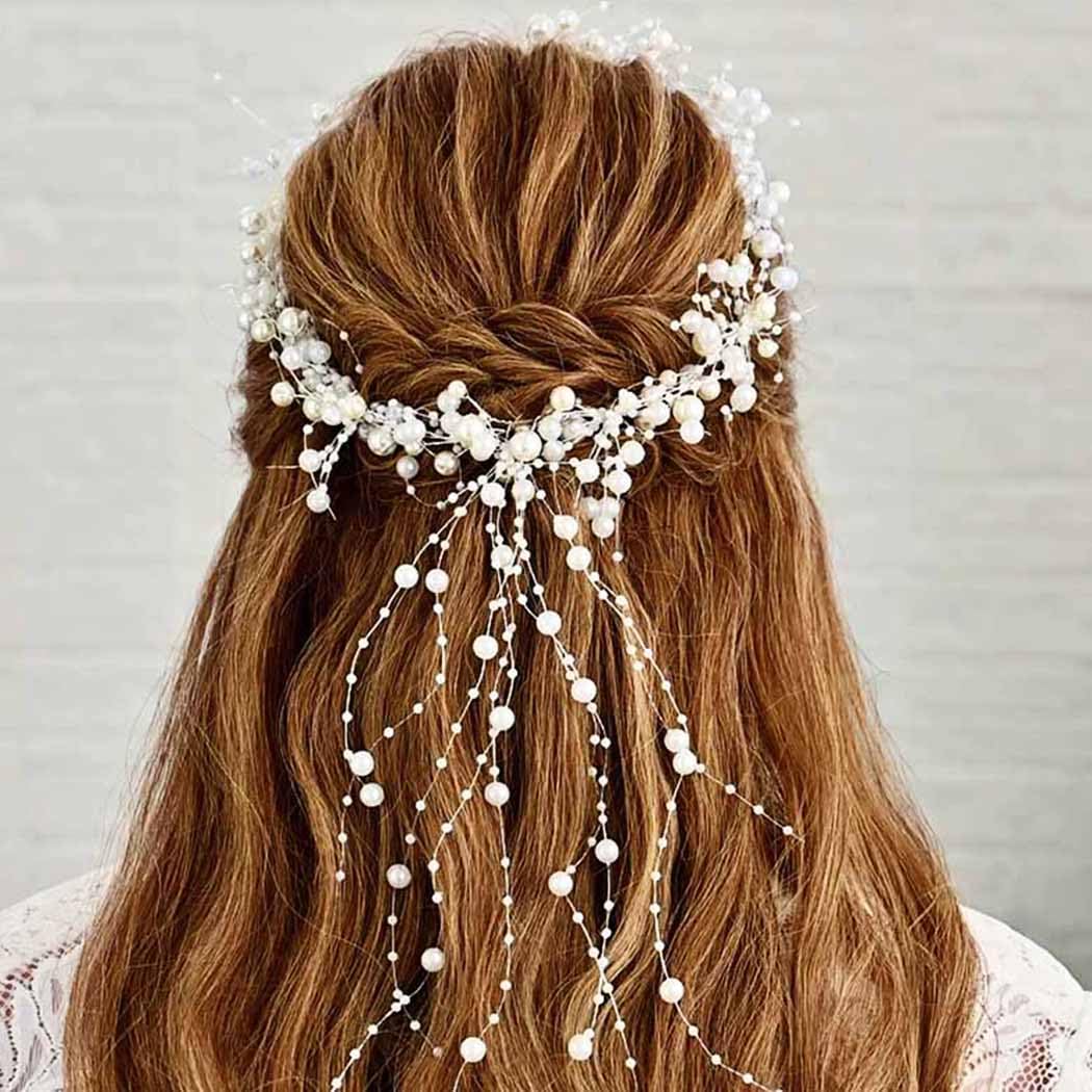 BARTOSI Pearl Bridal Headband Silver Pearl Tassel Wedding Hair Accessories Prom Headpiece for Women and Brides - Image 5
