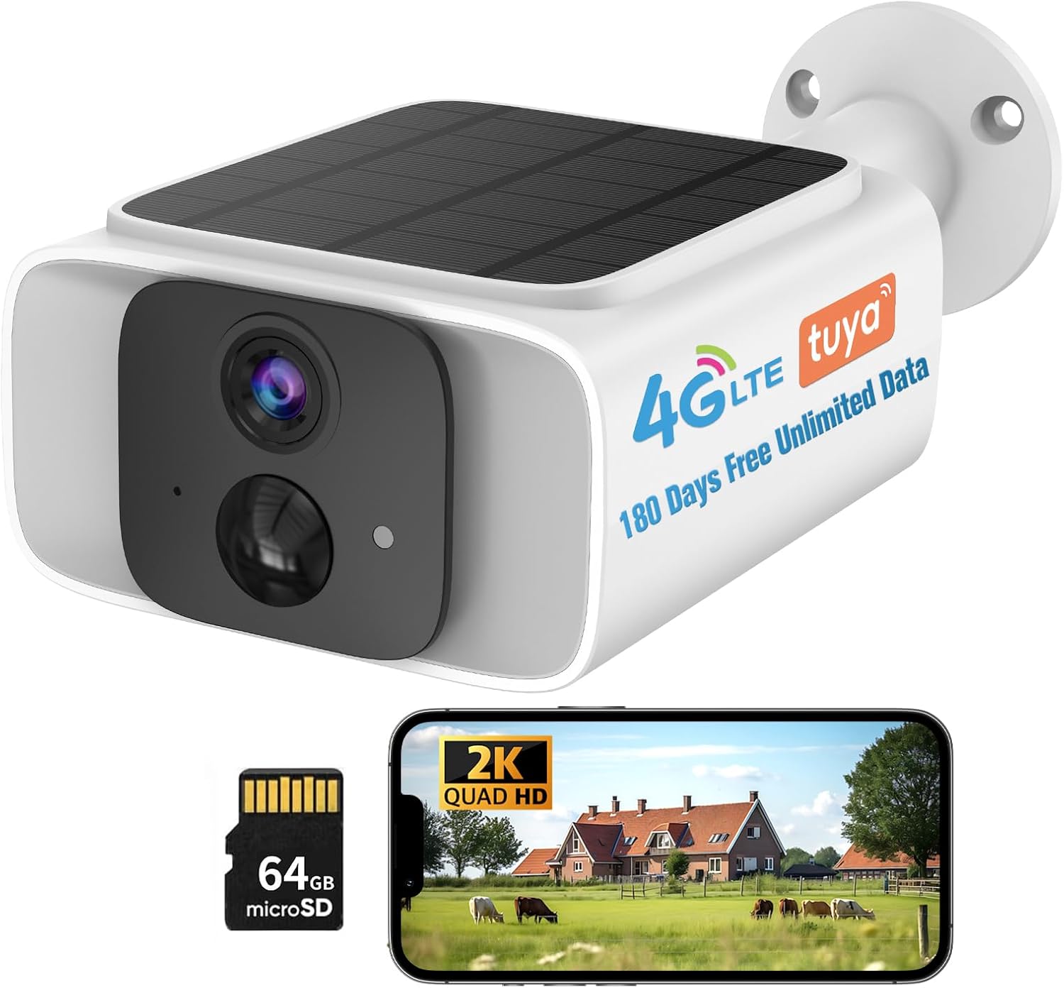 4G LTE Cellular Solar Security Camera Outdoor,180 Days Free Unlimited Data,Tuya Smart Camera,2K Outdoor Surveillance,Color Night Vision, AI PIR Motion Sensor,No WiFi Security Camera ,64GB Storage