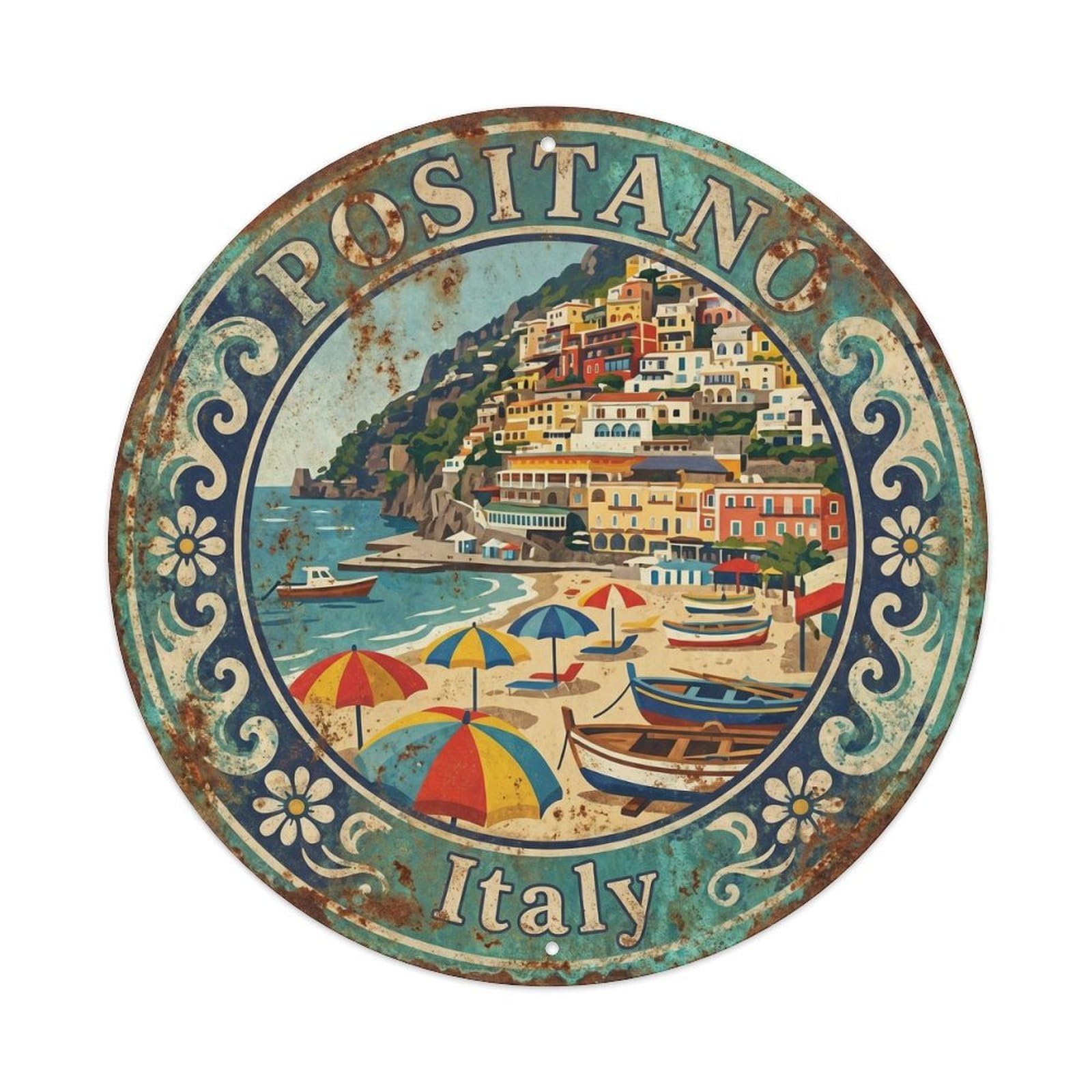 Classic Positano Vintage Mediterranean Coast Italy Metal Tin Sign Plaque Wall Decor for Cafe, Man Cave, Club Bar, Office, Home Garden Round Metal Poster 8x8Inch