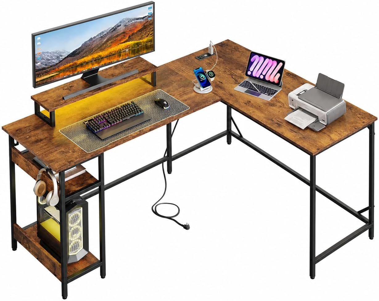 DEVAISE 55 Inch L Shaped Gaming Desk with LED Lights and Power Outlets | Reversible corner desk with monitor stand, 2-tier shelves, and app-controlled lighting for work or gaming spaces