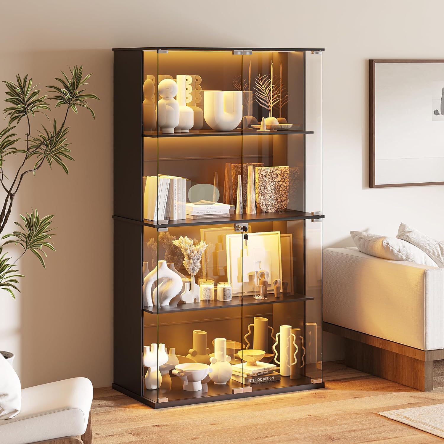 Gurexl 168 CM Vitrina de Cristal con LED luz y Sensor de Movimiento,Vitrinas de 4 Niveles para Colecciones con Puerta de Cristal con Cerradura,Curio Vitrina para Sala de Estar,Coleccionables,Negro
