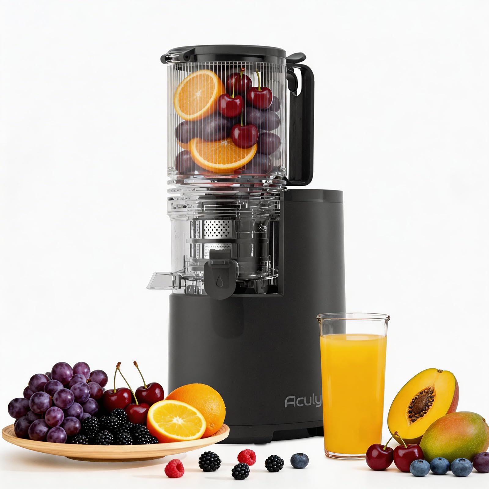 Entsafter Slow Juicer, große Öffnung von 130 mm, 1,9 L Fassungsvermögen, 250 W, Vorwärts/Rückwärtslauf, hoher Ertrag, leicht zu reinigen mit Bürste, schwarz matt