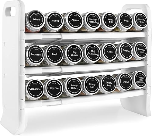 WAOMIN Estante organizador de especias expandible con 273 tarros de especias almacenamiento de especias de 3 niveles juego completo de 144 etiquetas