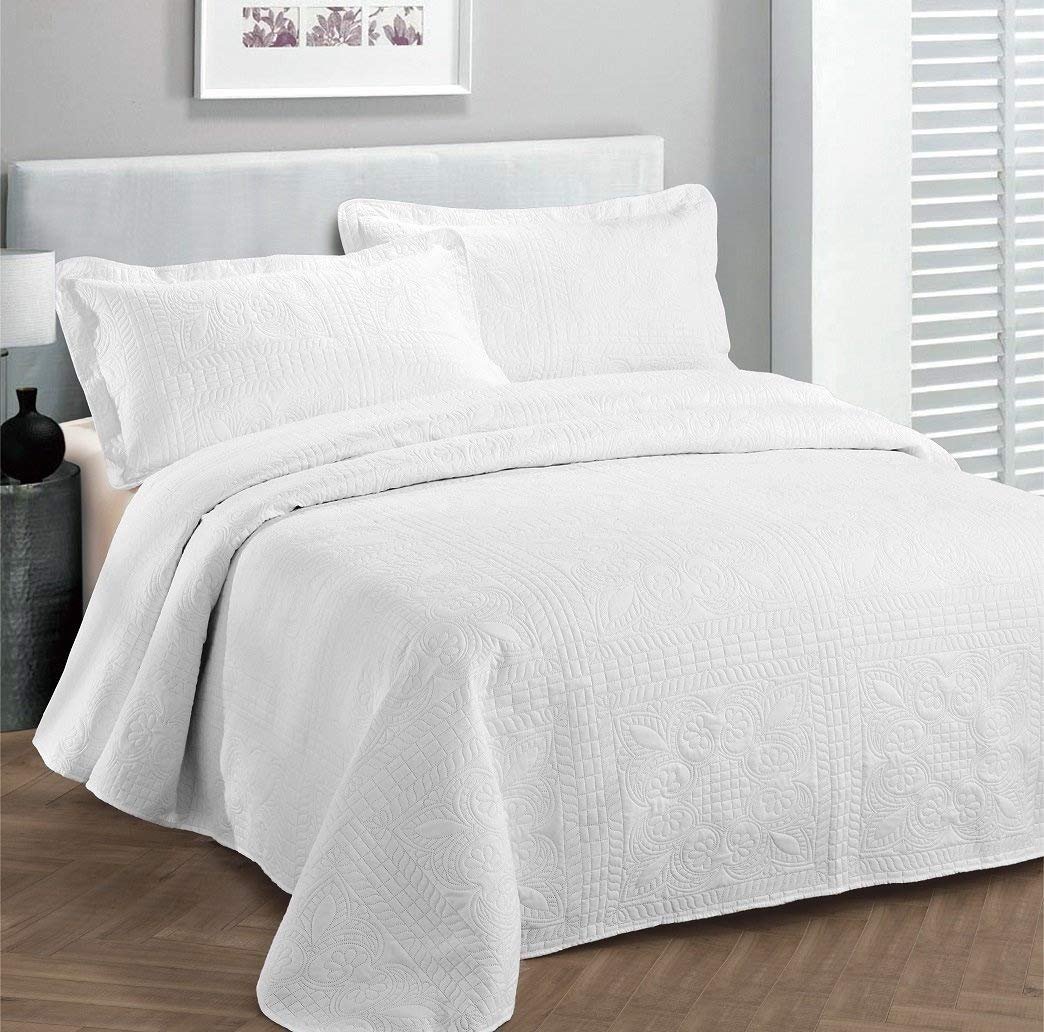 (Full/Queen, White) - Fancy Collection 3pc Luxury Bedspread Coverlet Embossed Bedding Bed Cover Double Bed Solid White New Over Size