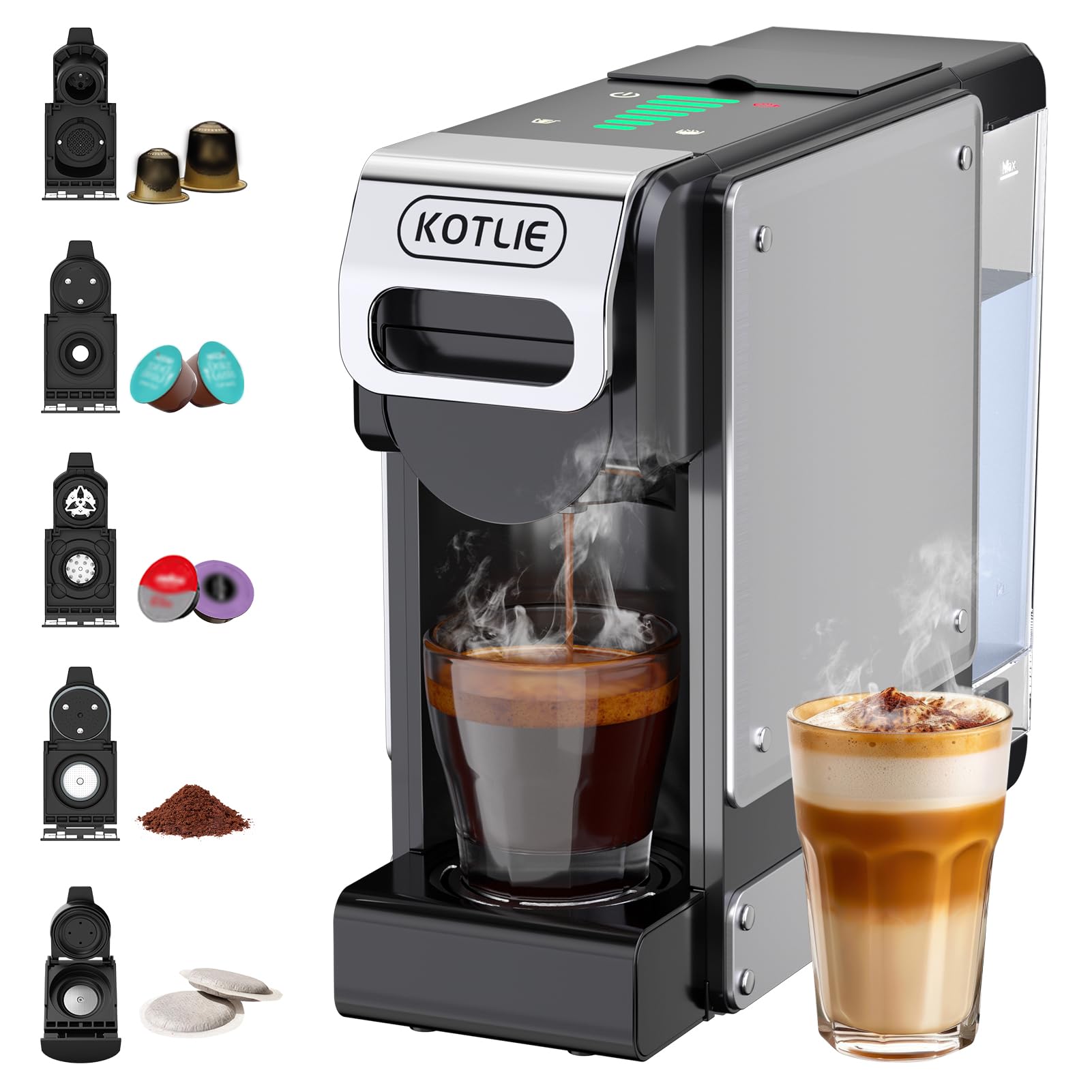 5 en 1 Máquina de Café en Cápsulas 19BAR para Lavazza MIO/Nespresso Original/Dolce Gusto cápsulas y Café Molido/ESE Pod, Máquinas Automáticas de Café Espresso en Cápsulas Pequeñas, 1L, 1450W