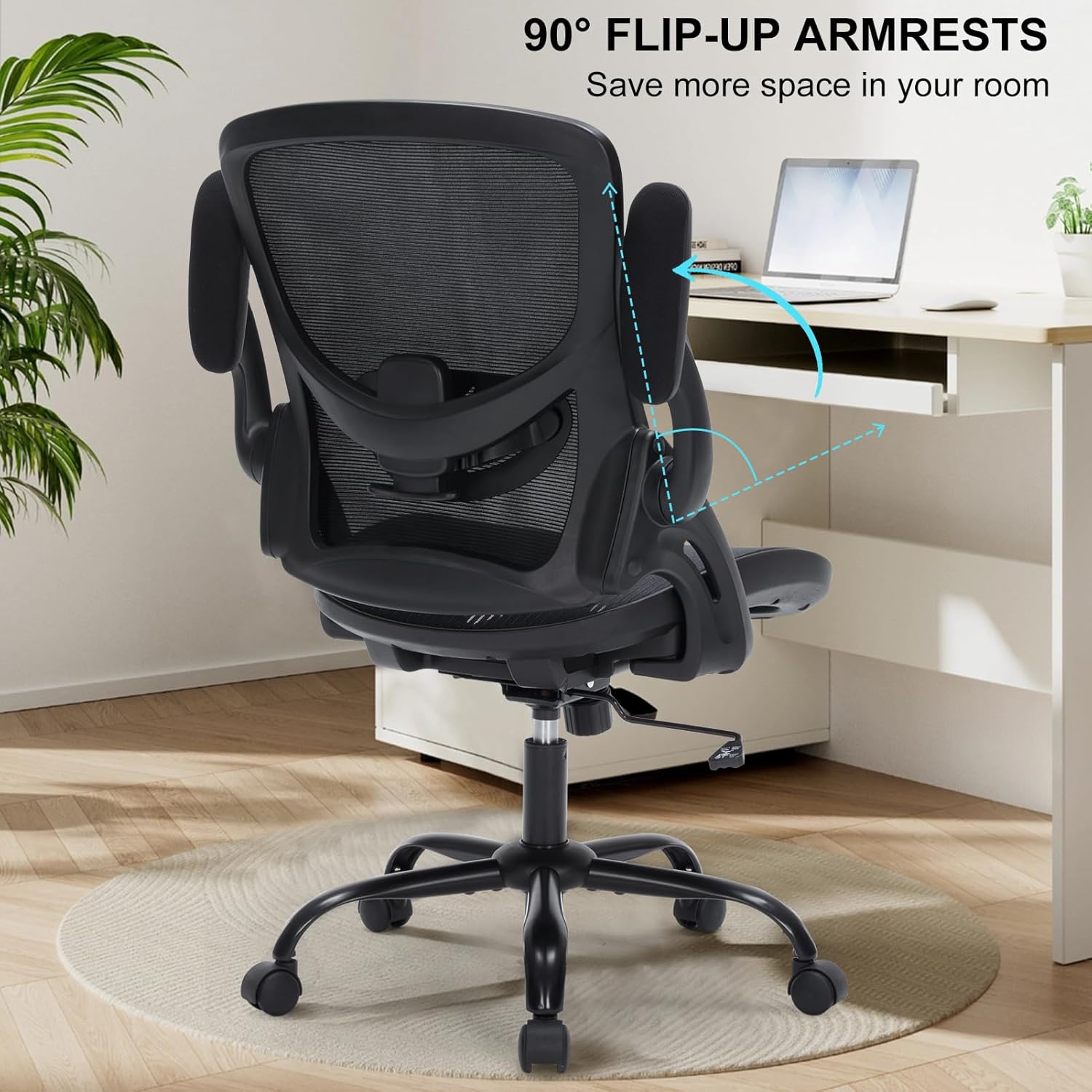 Office Chair, Ergonomic Desk Chair with Adjustable Lumbar Support, Comfy Breathable Mesh Chair with Wheels and Flip-Up Armrests, Executive Chairs for Home Office Comfortable Chair with Rolling Swivel - Image 6