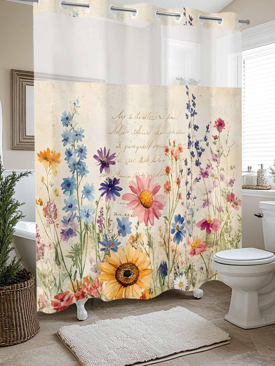 No Hook Shower Curtain with Snap in Liner, Spring Summer Flower Vintage Waterproof Fabric Bathroom Curtain Mesh Top Window Washable, Floral Wildflowers Colorful 72" x 78"