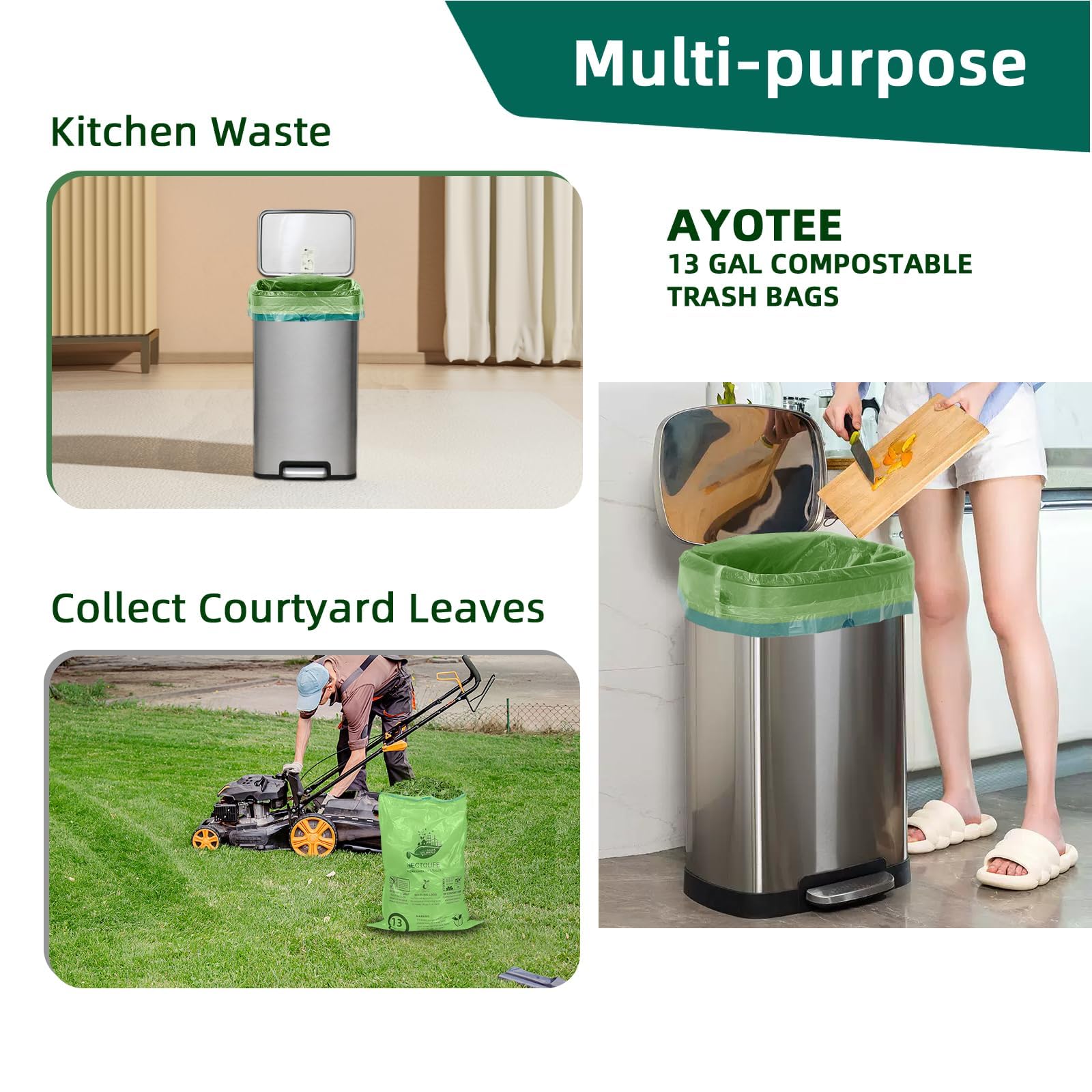 HECTOLIFE Bolsas de basura compostables de 13 galones, bolsa de residuos de comida de cocina, ASTM D6400, certificación US BPI y Europe OK Compost Home, 200 unidades