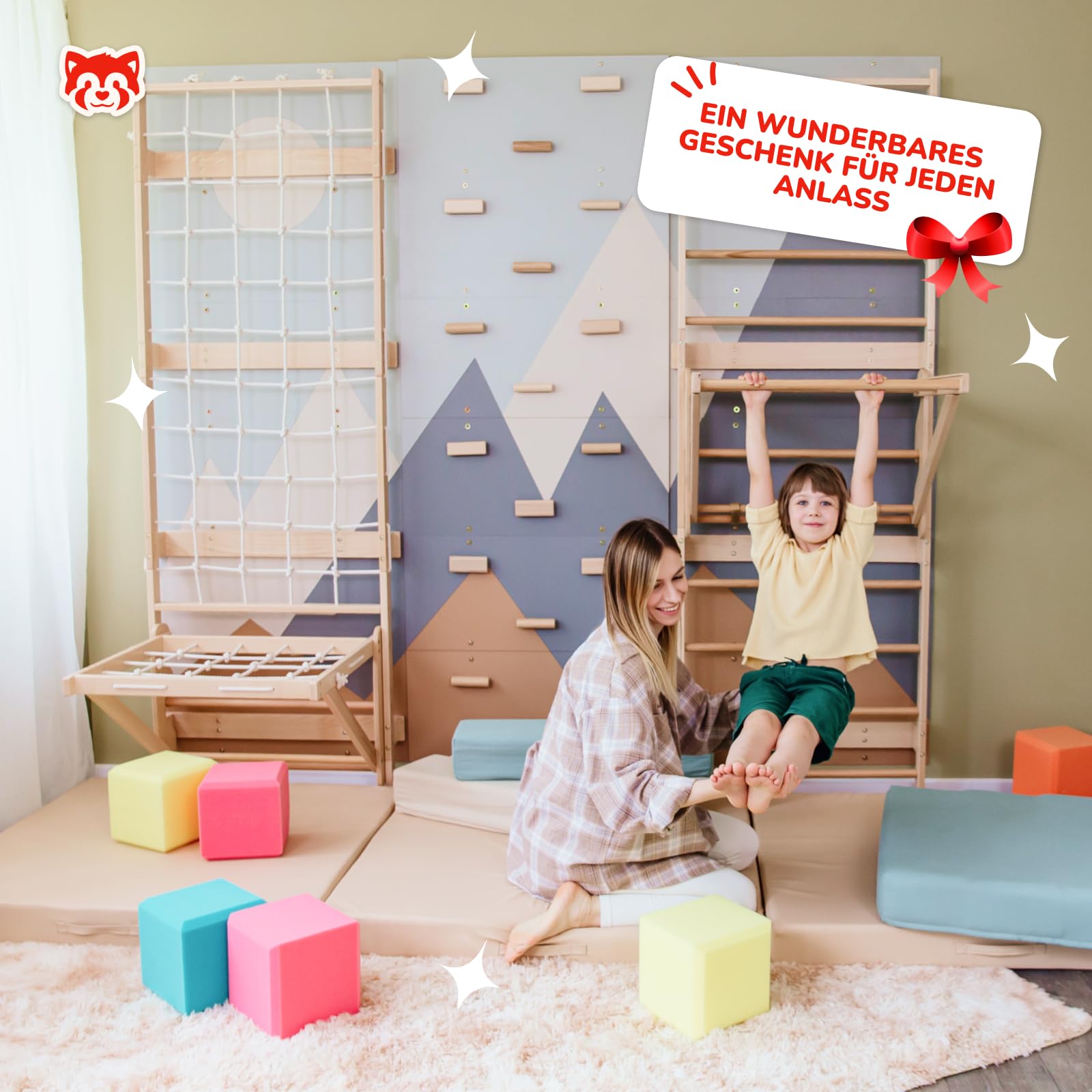 Wood And Hearts Sprossenwand, Klettergriffe, Kletterwand kinderzimmer, Klettern, Indoor Spielplatz, Klettersteine, Baby Klettern Indoor, Spielplatz (Kletterwand-Gym + Sit-Up-Stange)