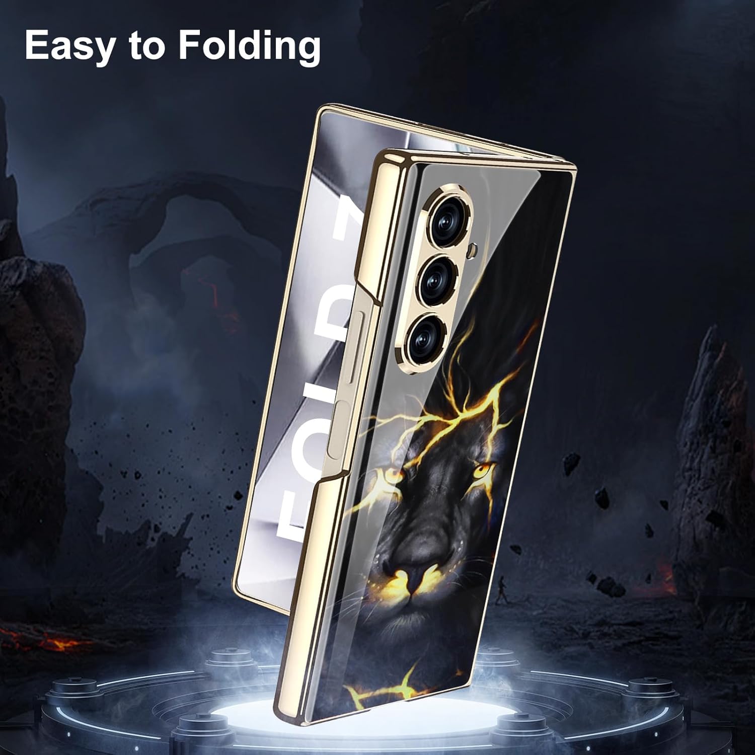 DOOTOO for Samsung Galaxy Z Fold 7 Case Luxury Colorful Plating Glass Crystal Pattern with Screen Protector PC All-Inclusive Protection Case for Samsung Galaxy Z Fold7 (Lion)
