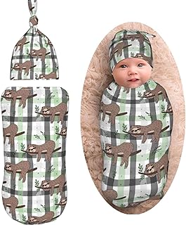 AuHomea Cute Doodle Sloth Print Newborn Swaddle Blanket Soft Unisex Infant Swaddle Wrap Blanket Baby Receiving Blanket with Beanie Hat for Boy and Girl
