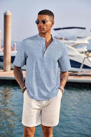 COOFANDY Men's Casual Henley Shirt Short Sleeve Linen Shirt Summer T-Shirts | Breathable Linen like texture, moisture-wicking, band collar, roll-up sleeves; easy match, great for beach, vacation & gifts